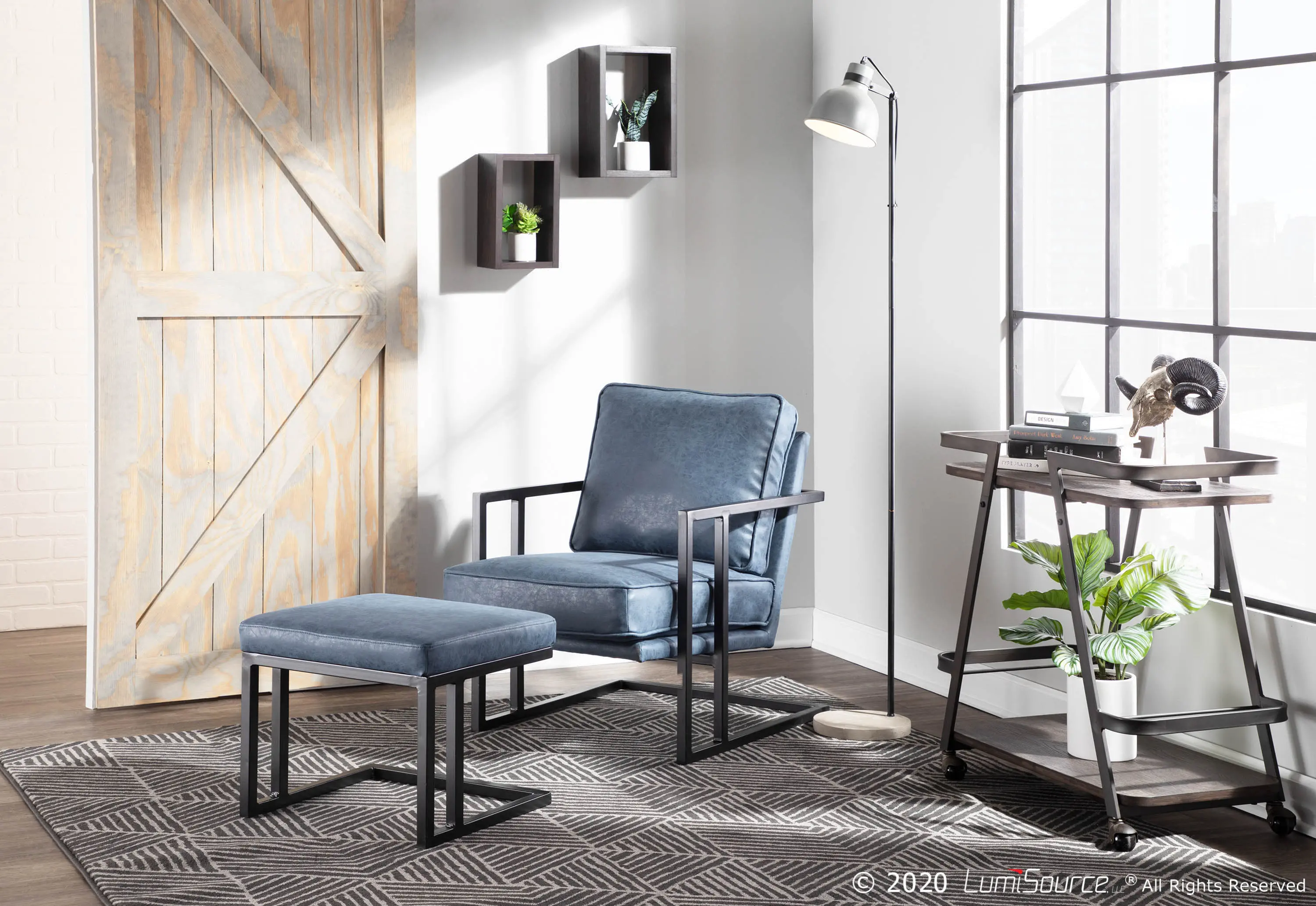 C2-ROMAN BKBU Roman Blue Faux Leather Lounge Chair and Ottoman-2