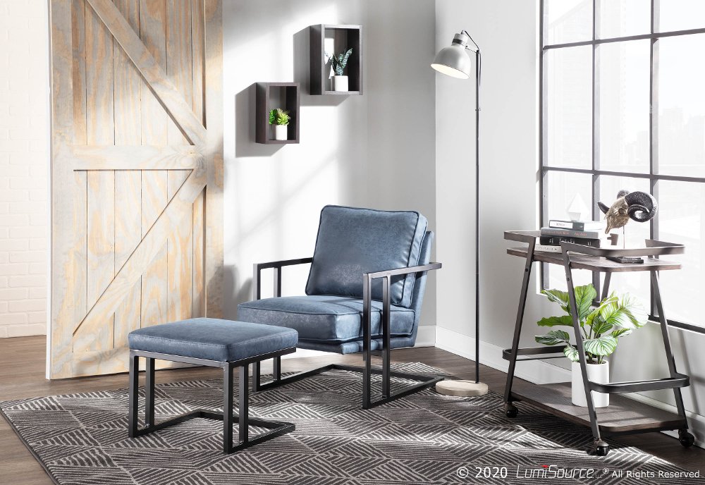 Roman Blue Faux Leather Lounge Chair and Ottoman
