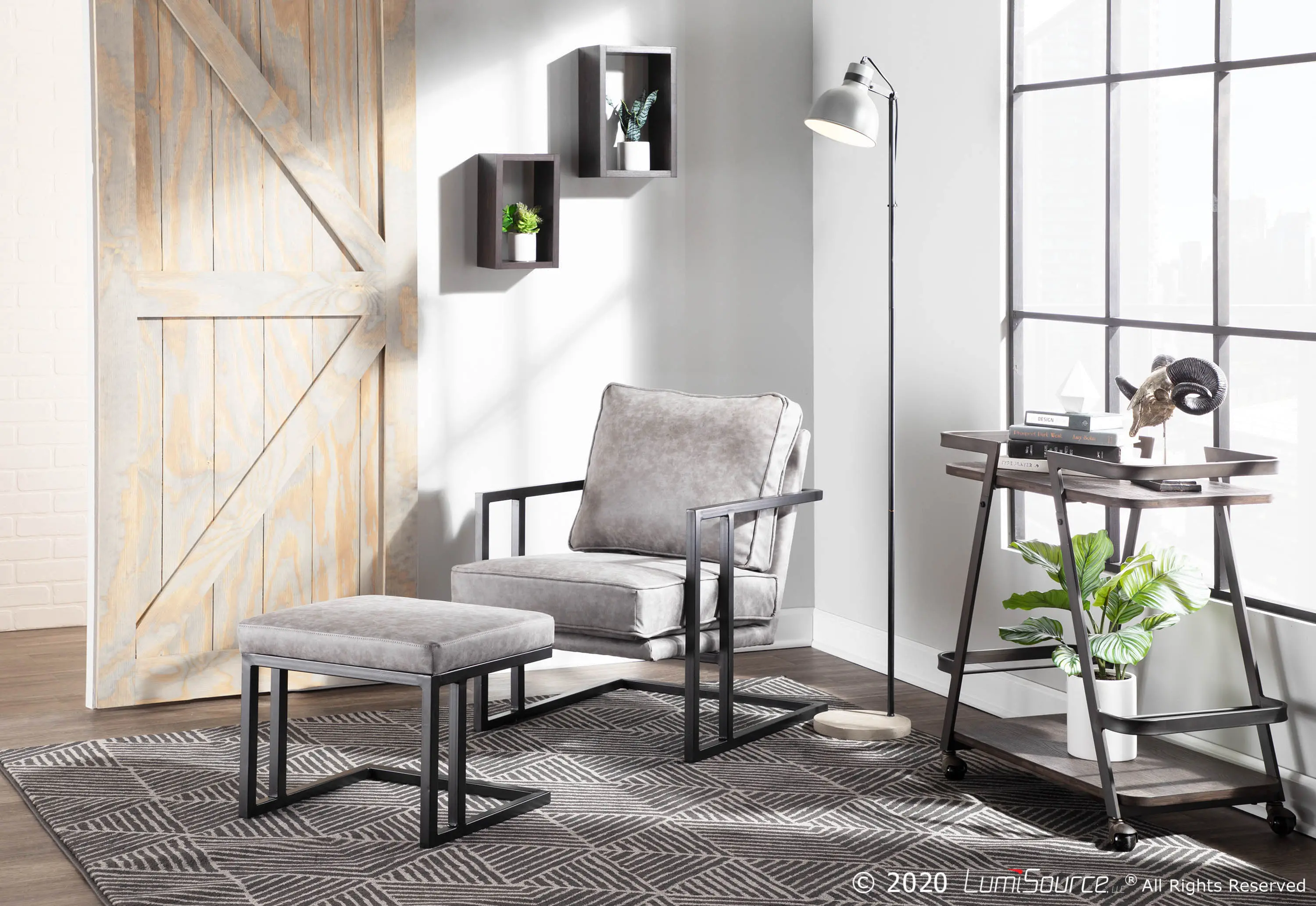 C2-ROMAN BKGY Roman Gray Faux Leather Lounge Chair and Ottoman-2