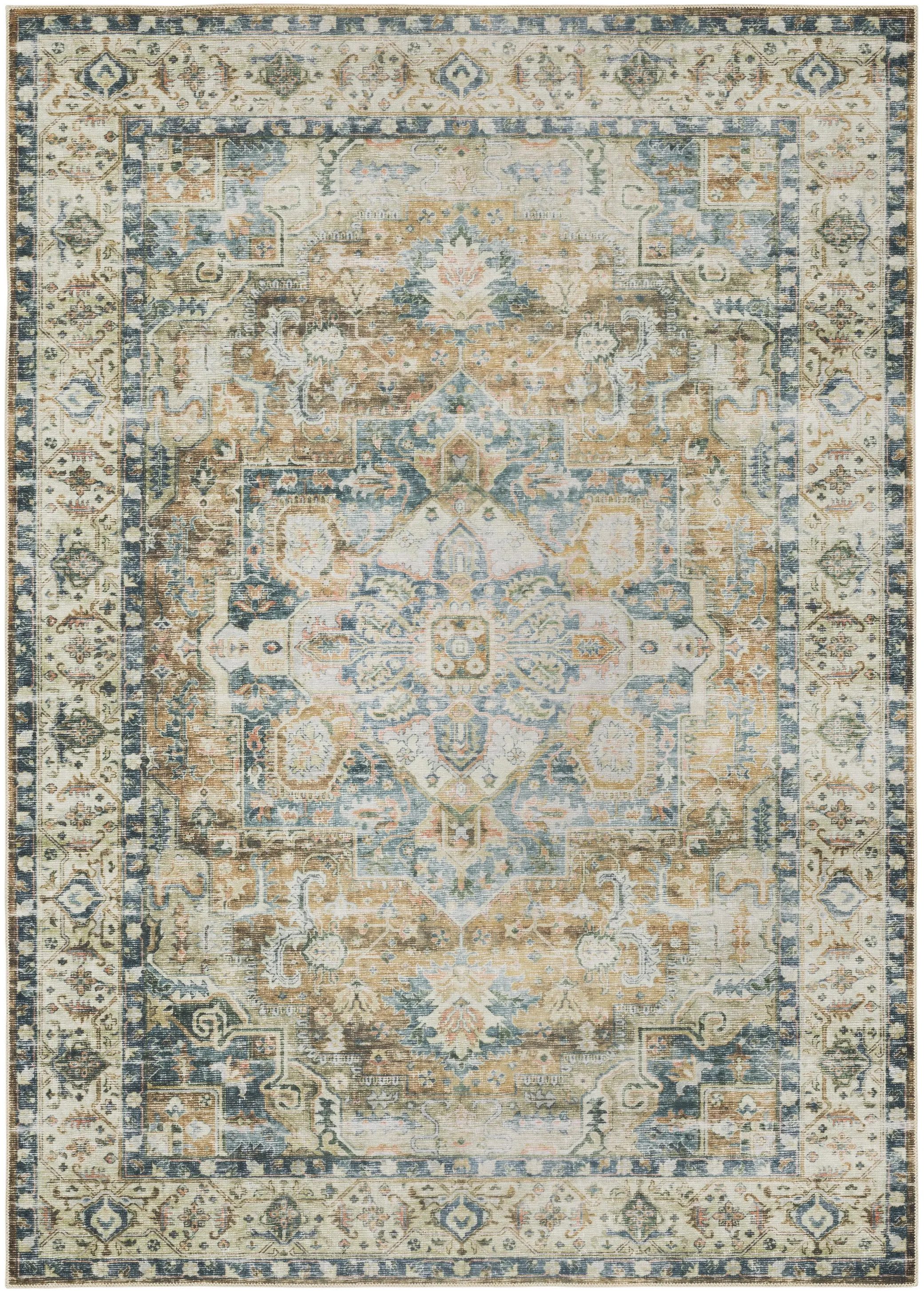 Charleston 5 x 7 Blue and Gold Washable Area Rug-1