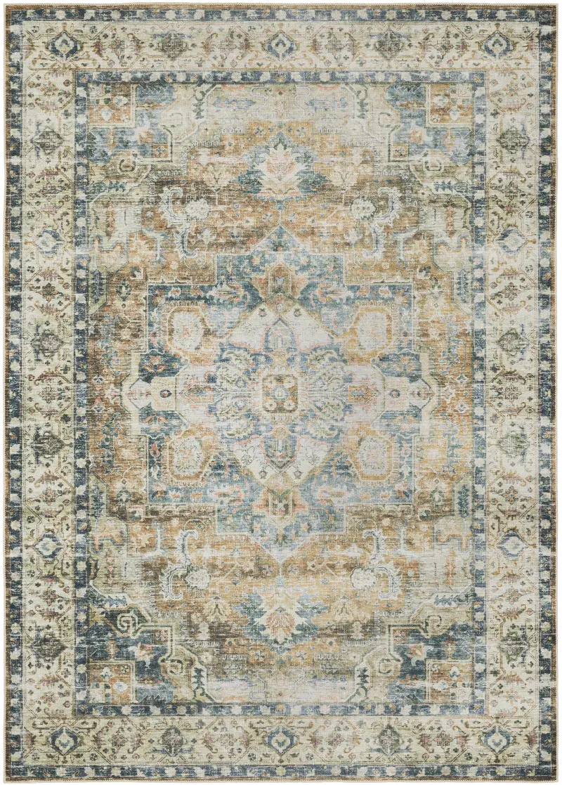 Charleston 5 x 7 Blue and Gold Washable Area Rug