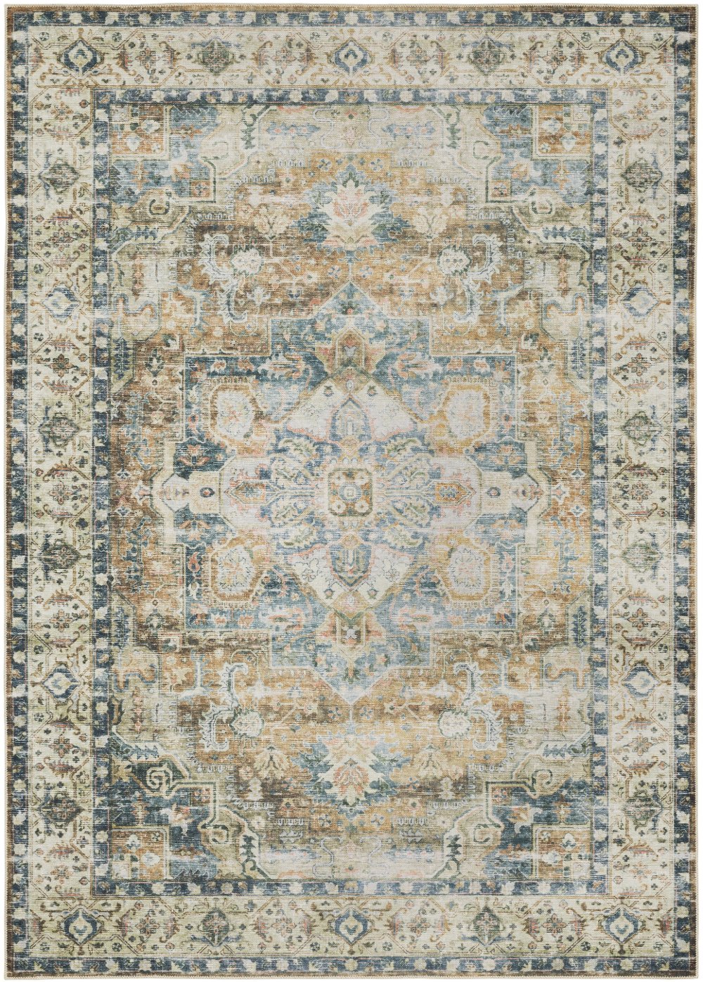 Charleston 8 x 10 Blue and Gold Washable Area Rug
