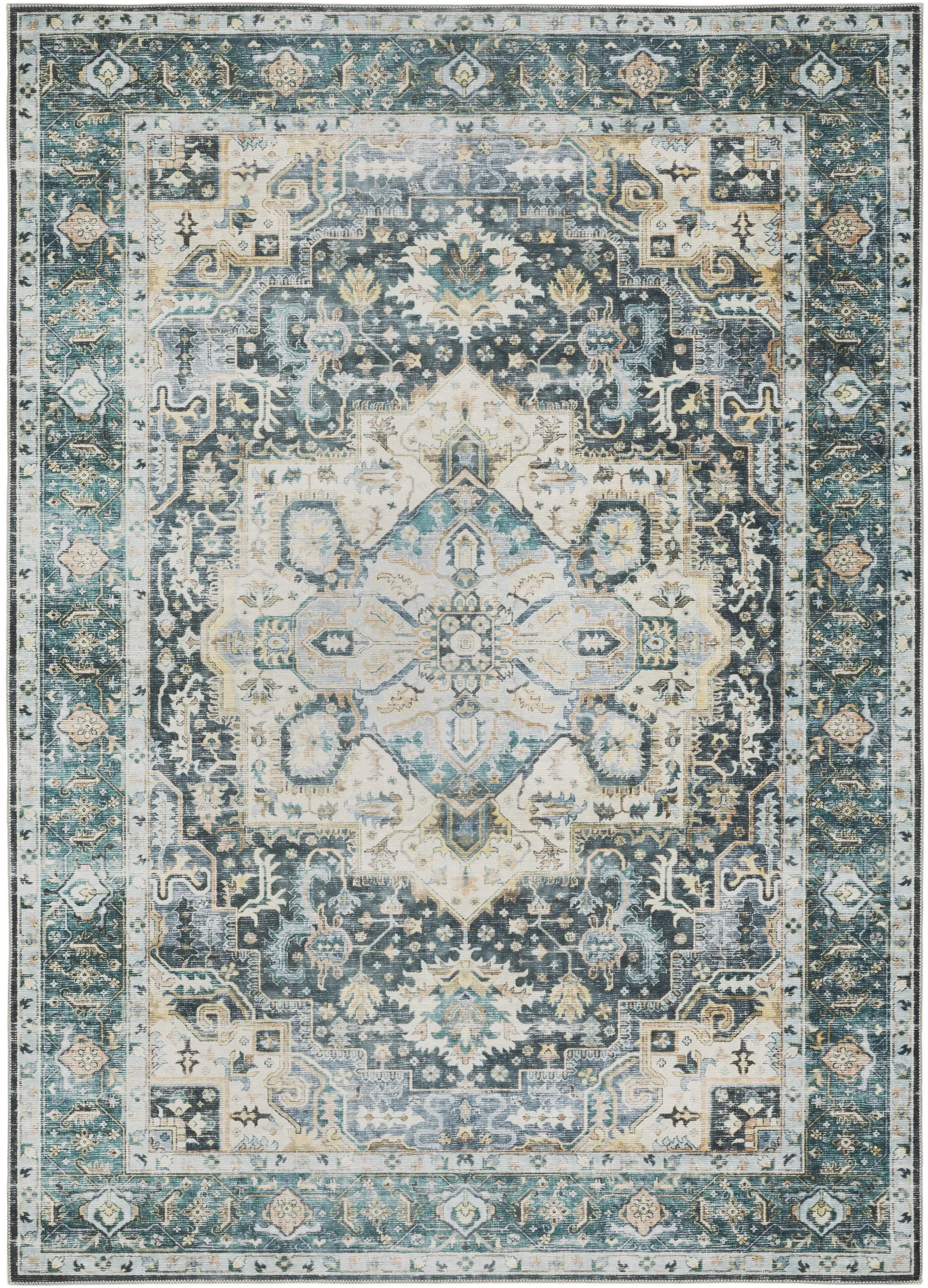 Charleston 5 x 7 Blue and Ivory Washable Area Rug-1