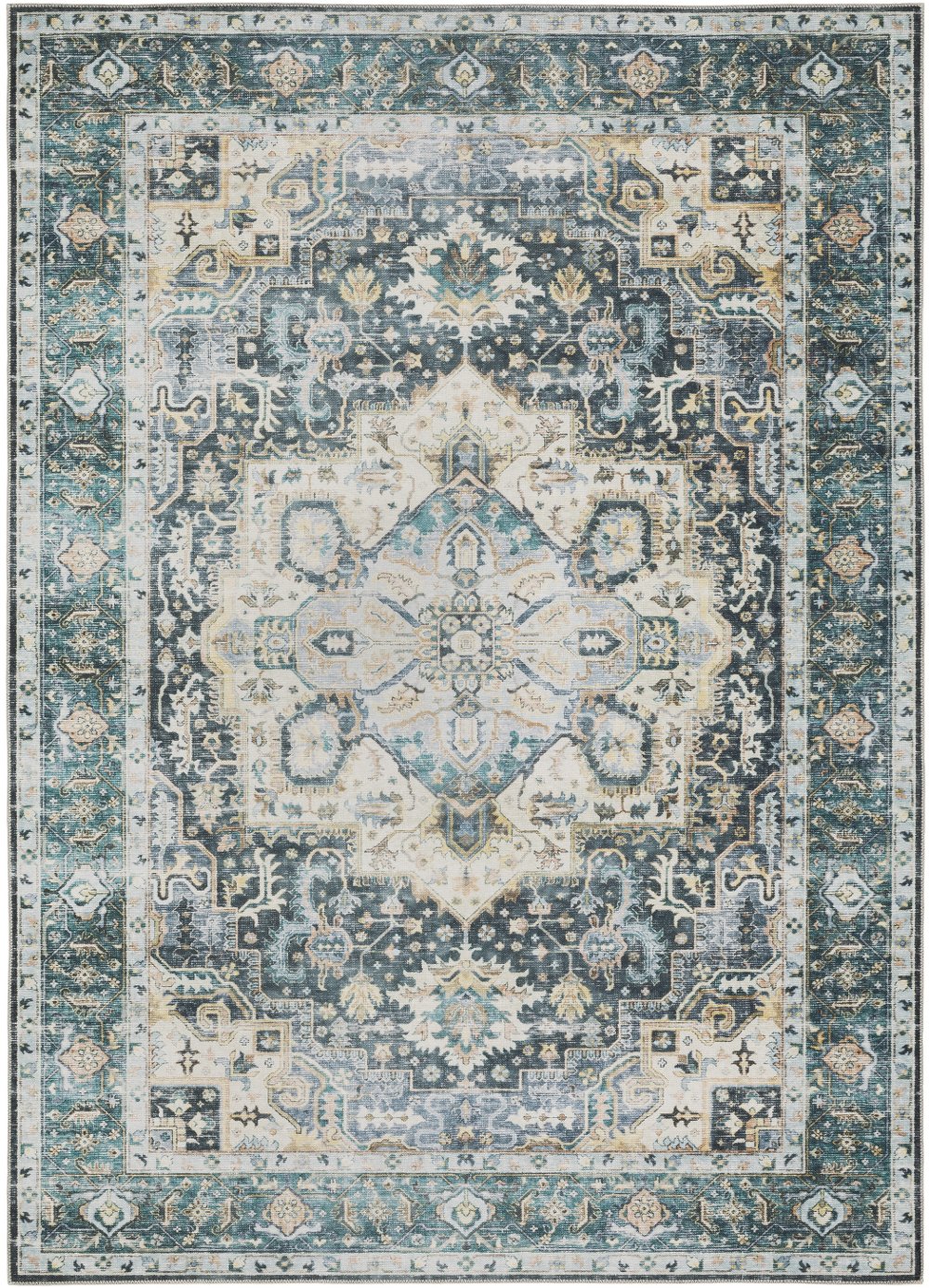 Charleston 5 x 7 Blue and Ivory Washable Area Rug
