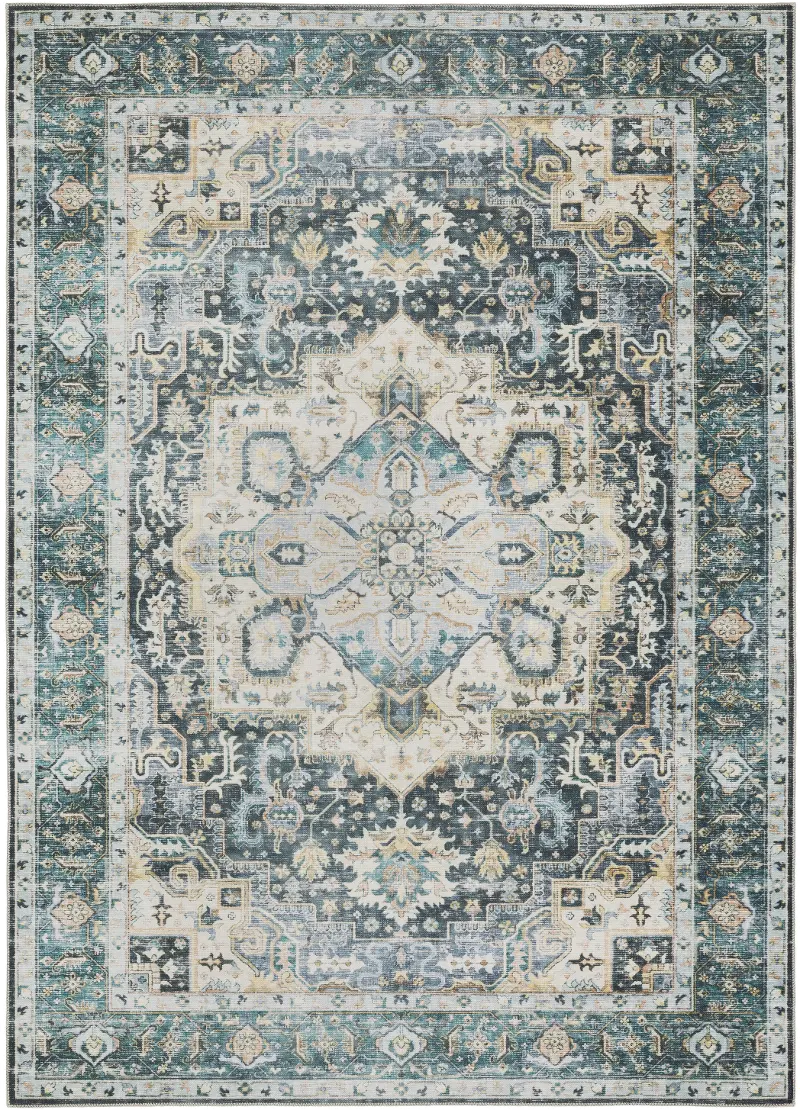 Charleston 5 x 7 Blue and Ivory Washable Area Rug