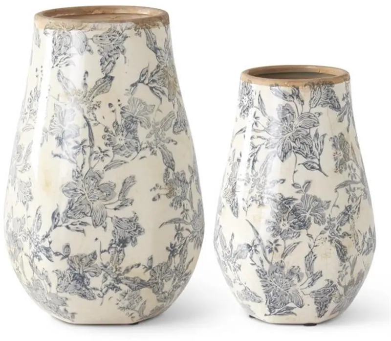 Large 10 Inch White and Blue Floral Vase