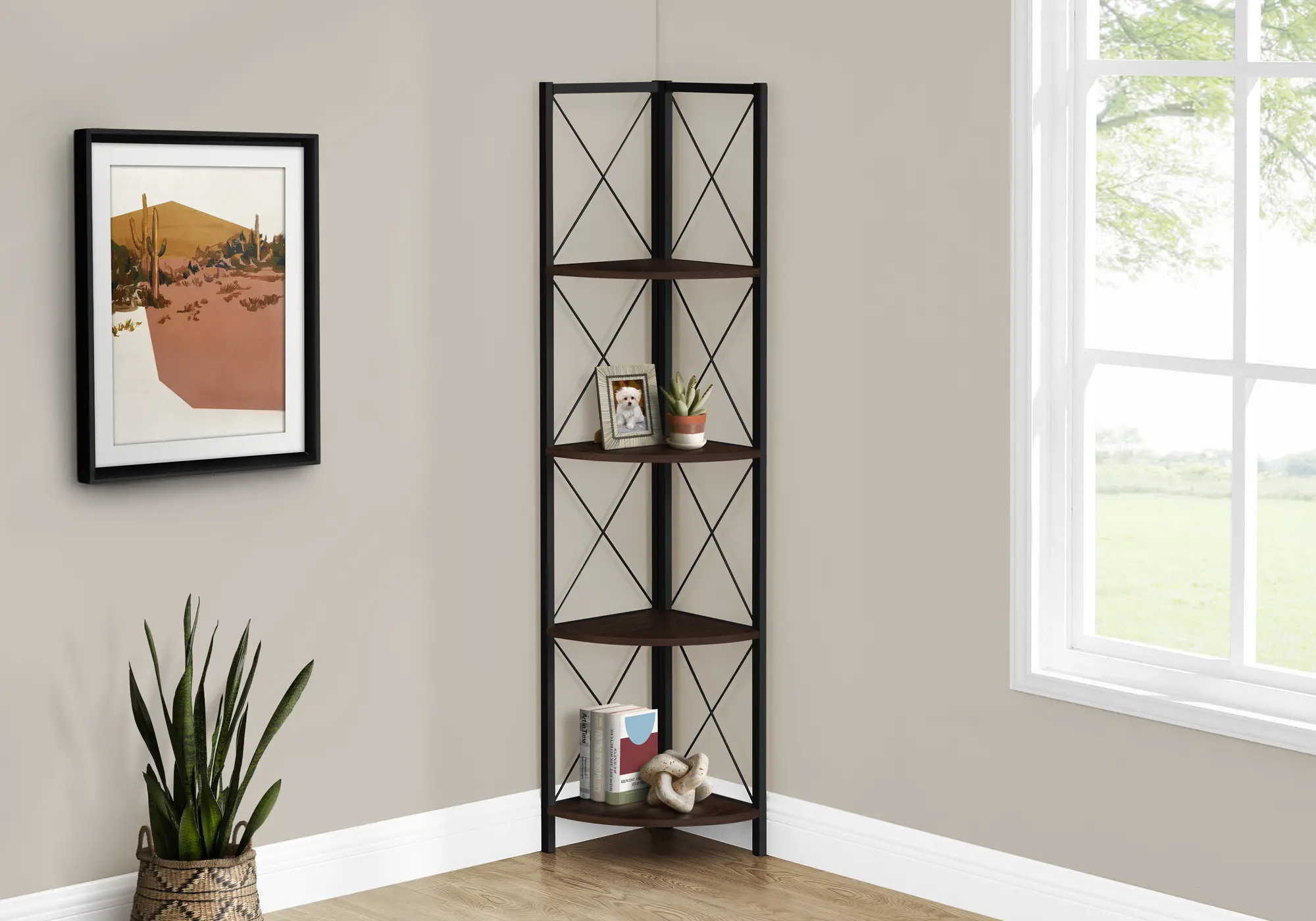 Jaden Dark Brown 4-Tier Corner Bookcase-2