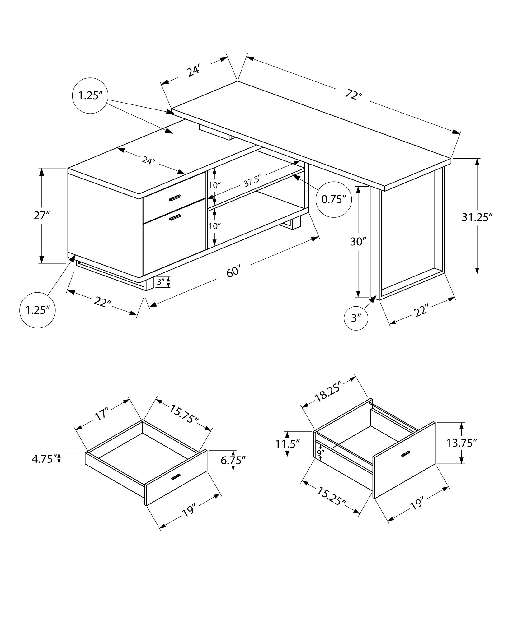 Monarch Light Brown 72  L Shaped Computer Desk-3