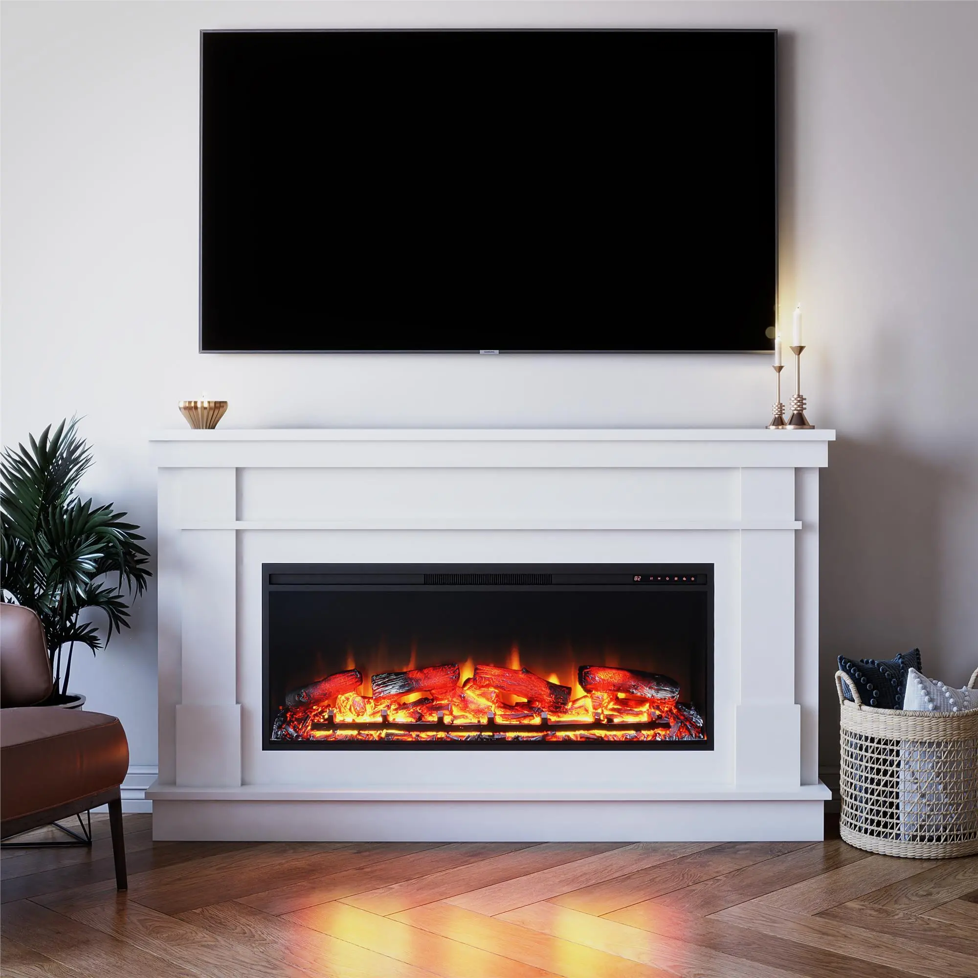 Elmcroft White Wide Mantel with Linear Electric Fireplace-2