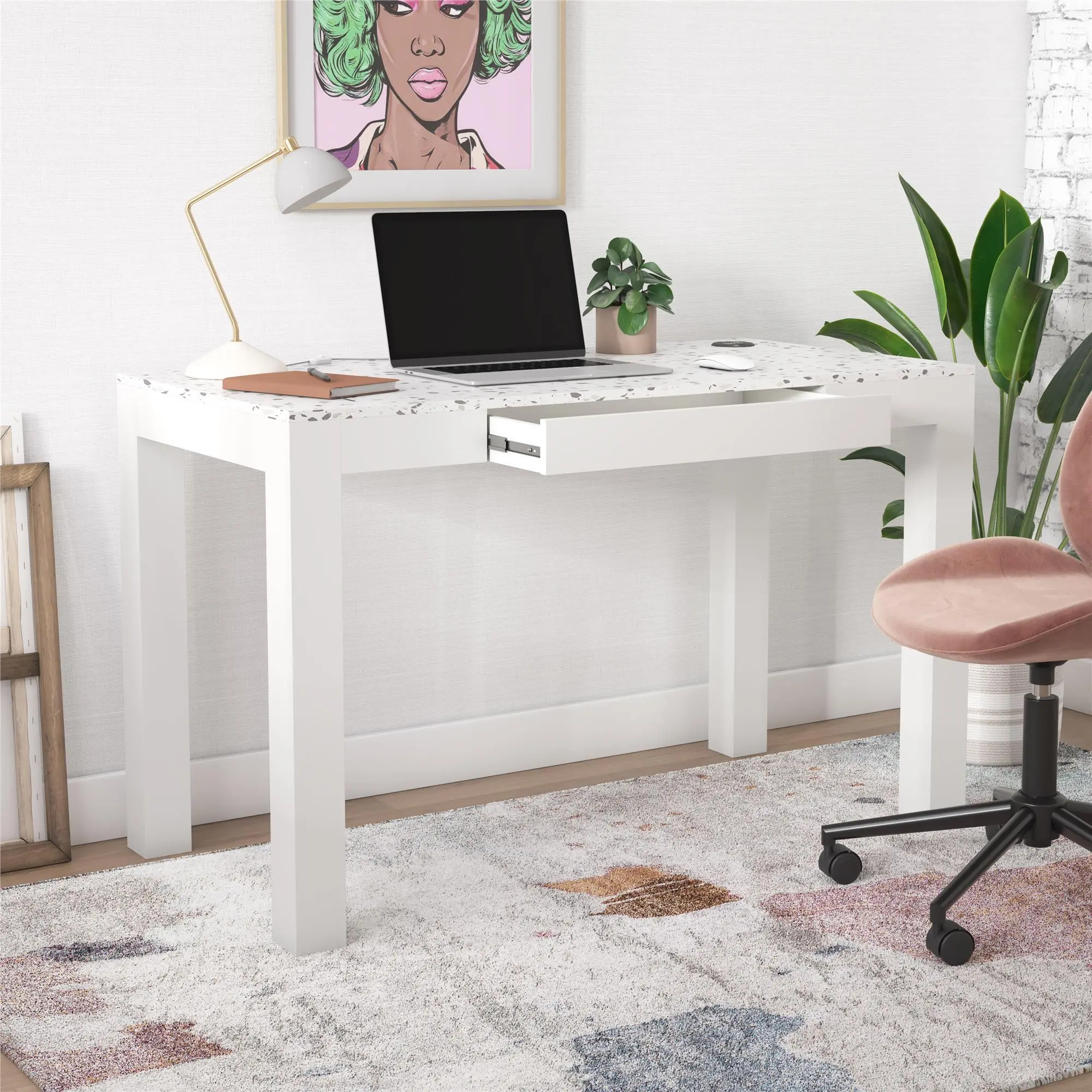 Astor White Desk with Wireless Charger-3