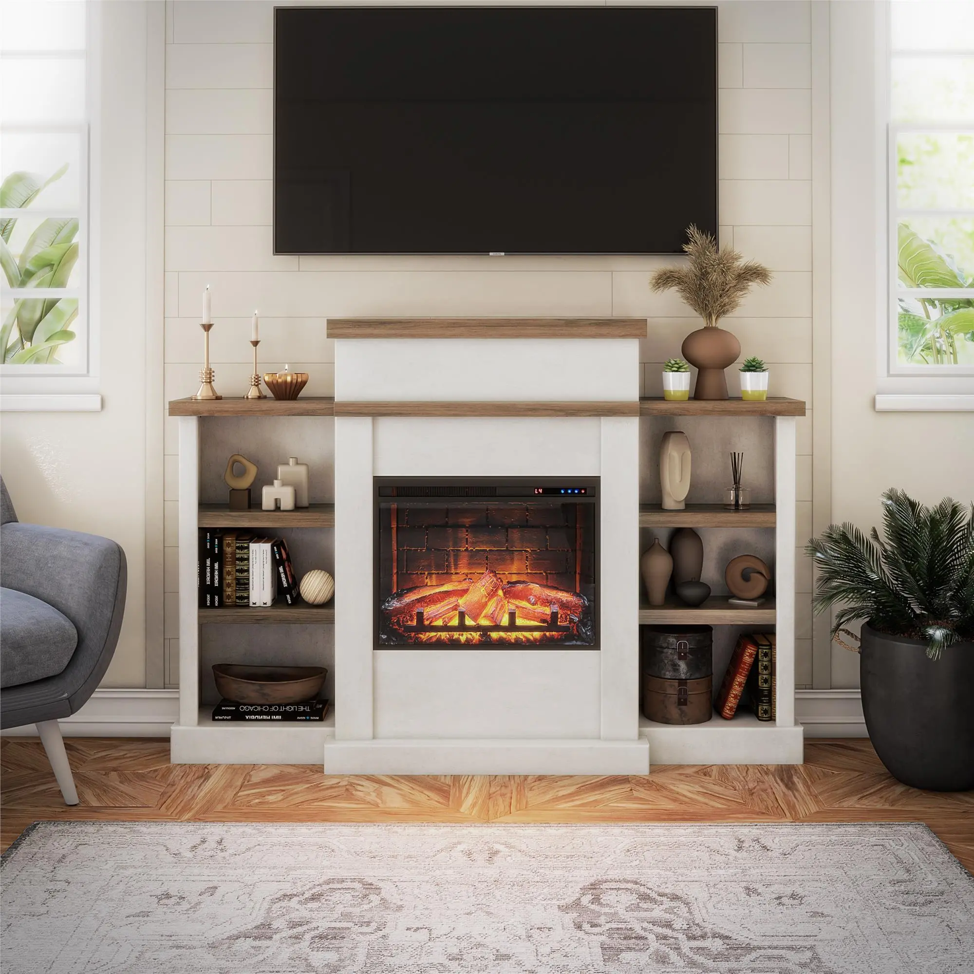 Gateswood White Electric Fireplace with Mantel and Bookcase-2
