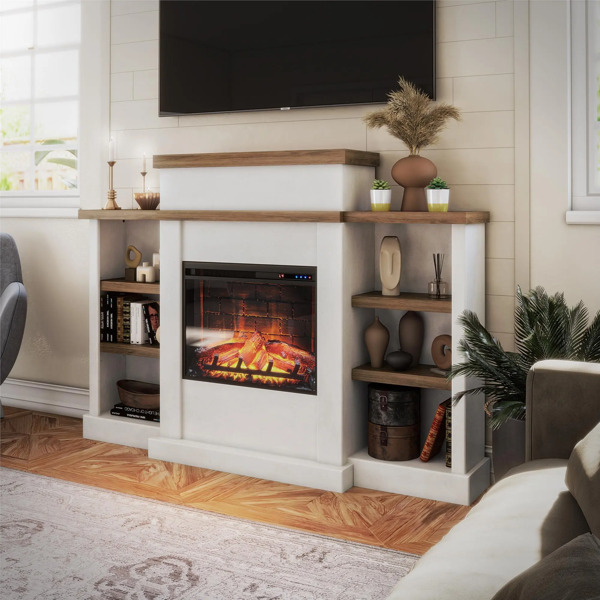 Gateswood White Electric Fireplace with Mantel and Bookcase-9