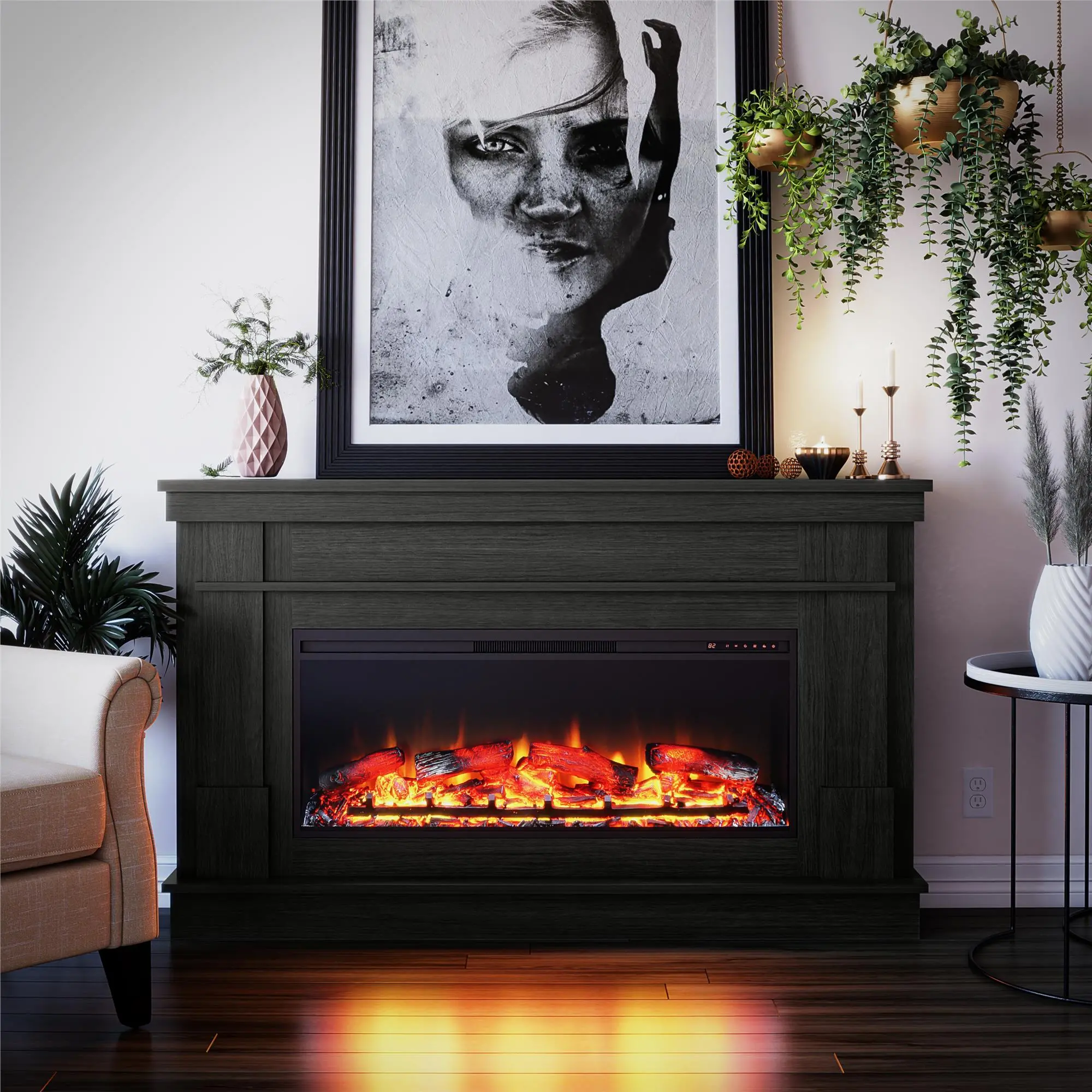 Elmcroft Black Wide Mantel with Linear Electric Fireplace-2