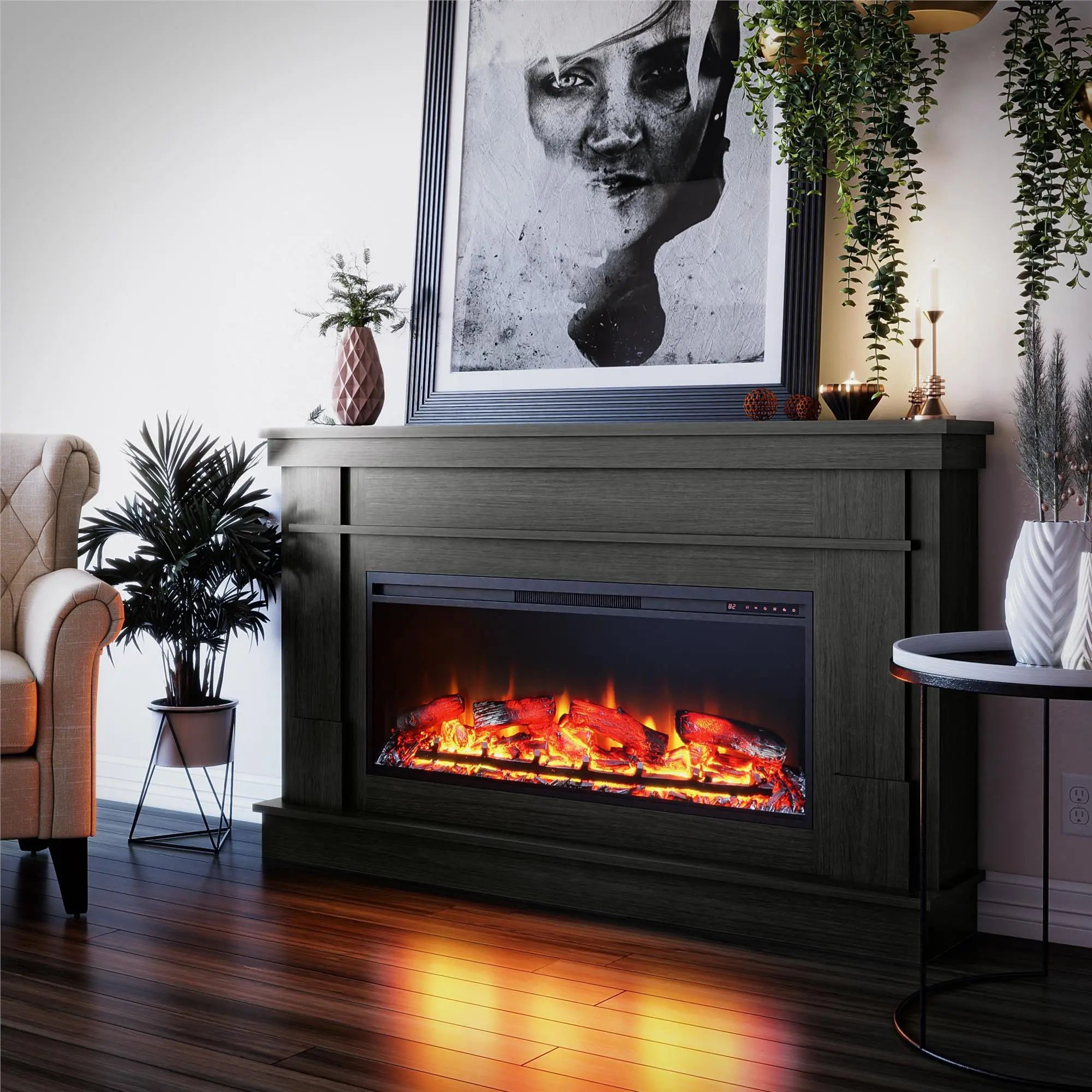 Elmcroft Black Wide Mantel with Linear Electric Fireplace-3