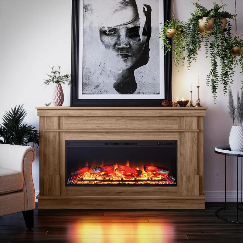 Elmcroft Brown Wide Mantel with Linear Electric Fireplace
