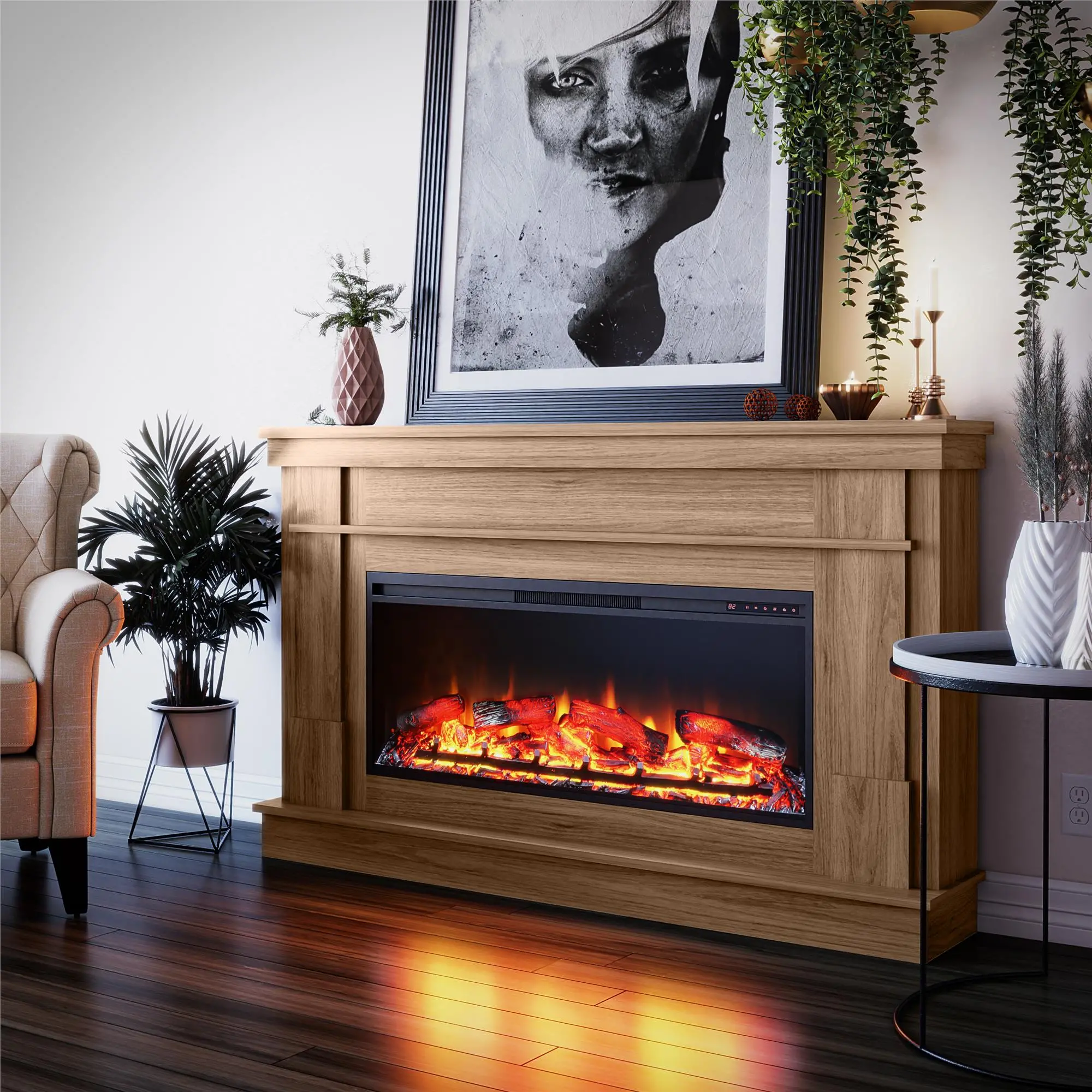 Elmcroft Brown Wide Mantel with Linear Electric Fireplace-3