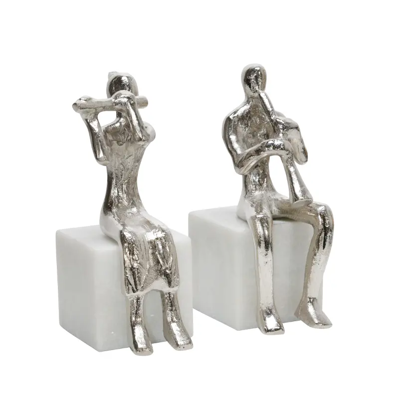 Silver Metal Musicians on Marble Base Sculpture