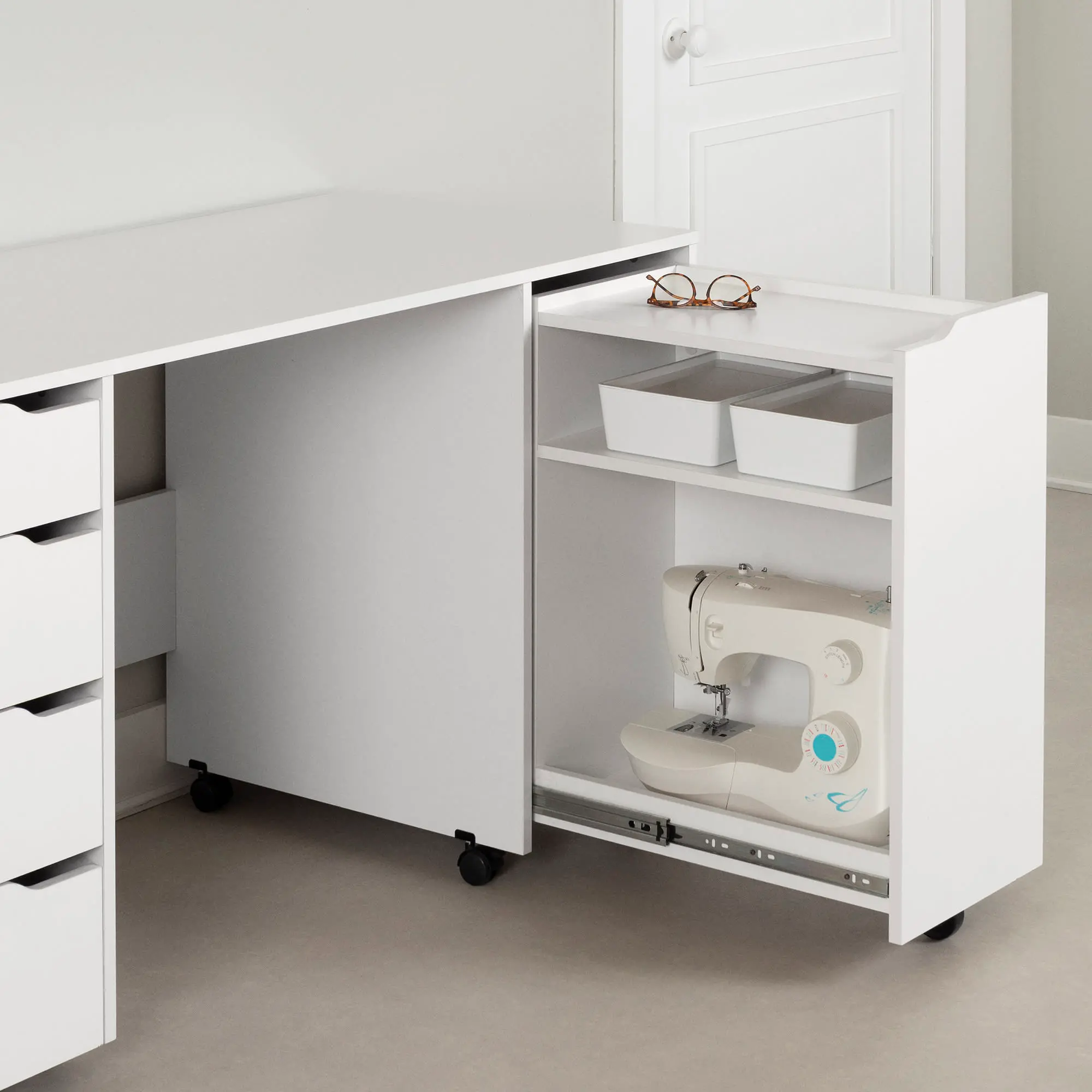 7550728 Crea White Sewing Craft Table with Wheels - South Shore-3