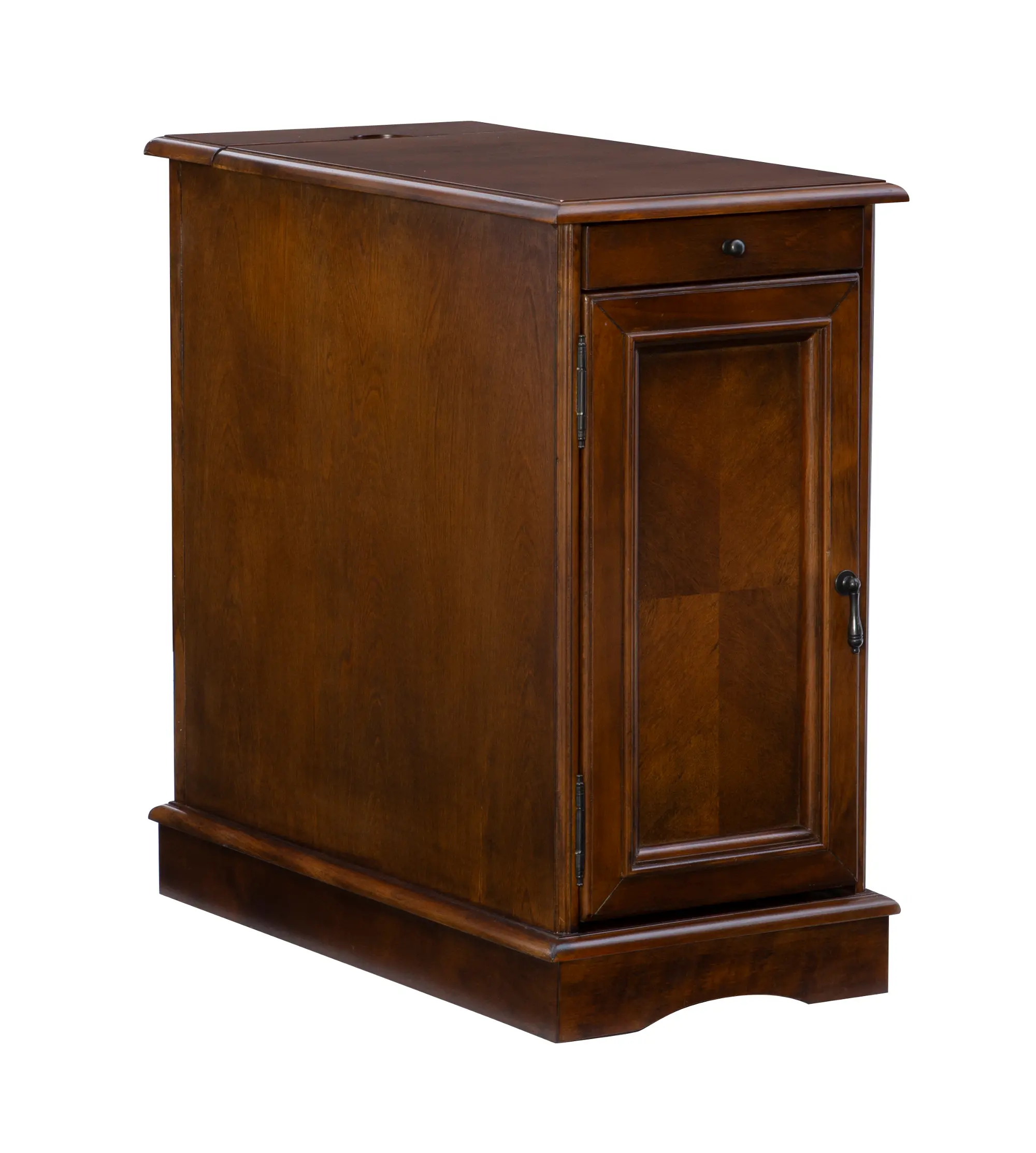 Close-up of the cabinet side with a small drawer front and latch, showing wood grain and hardware.