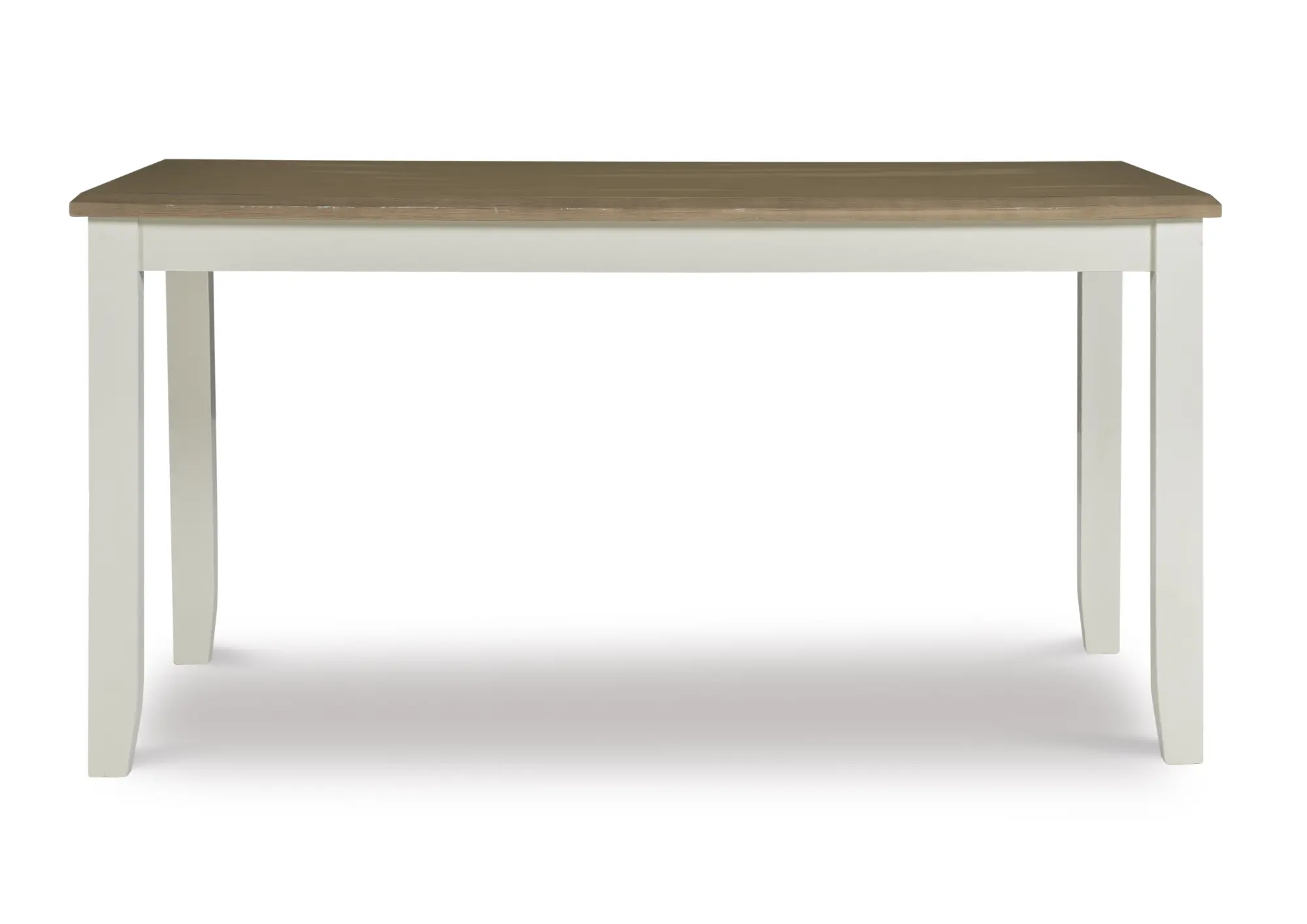 Close-up edge view of the table corner showing the brown wood top and white painted apron.