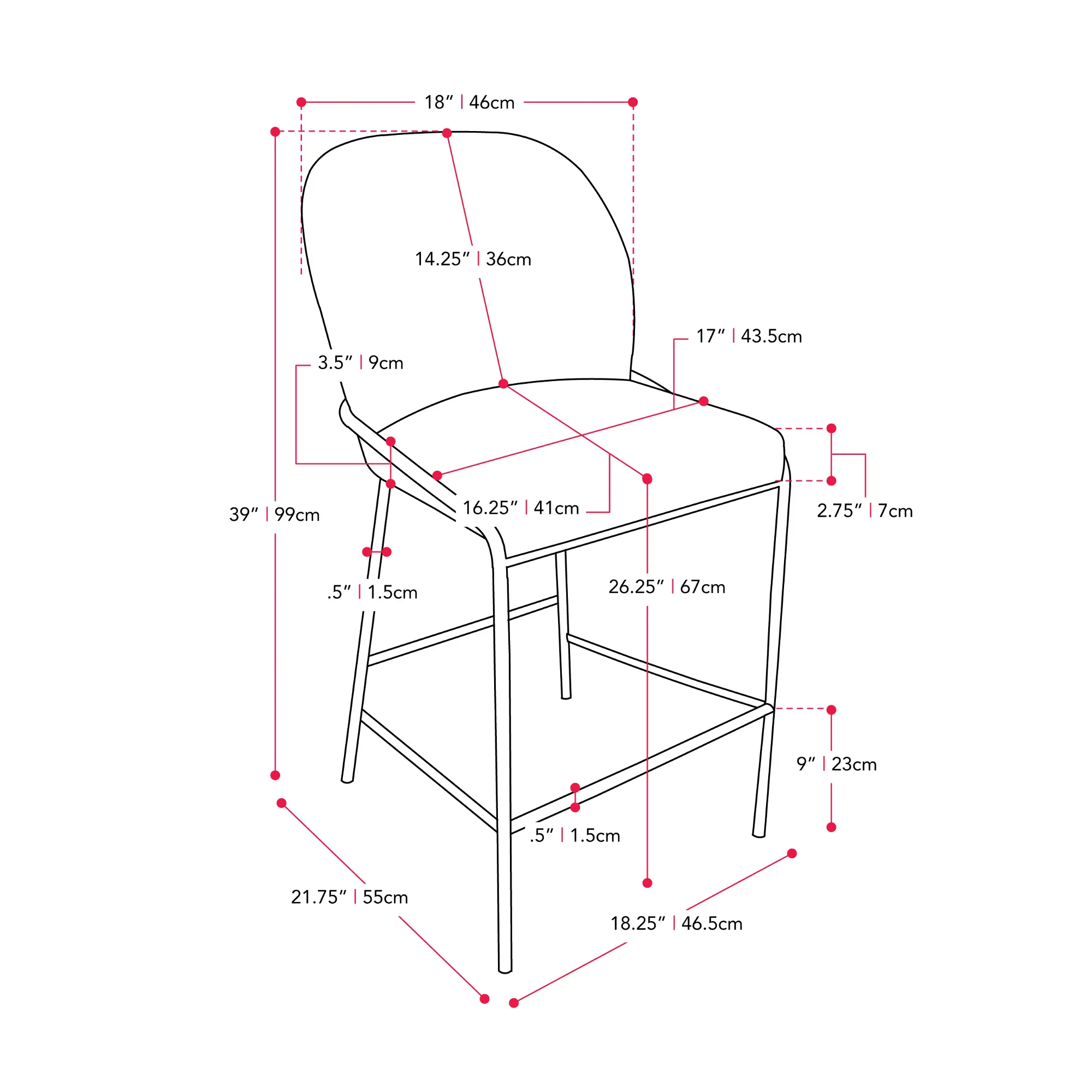 Technical measurements diagram of a bar stool with dimensions