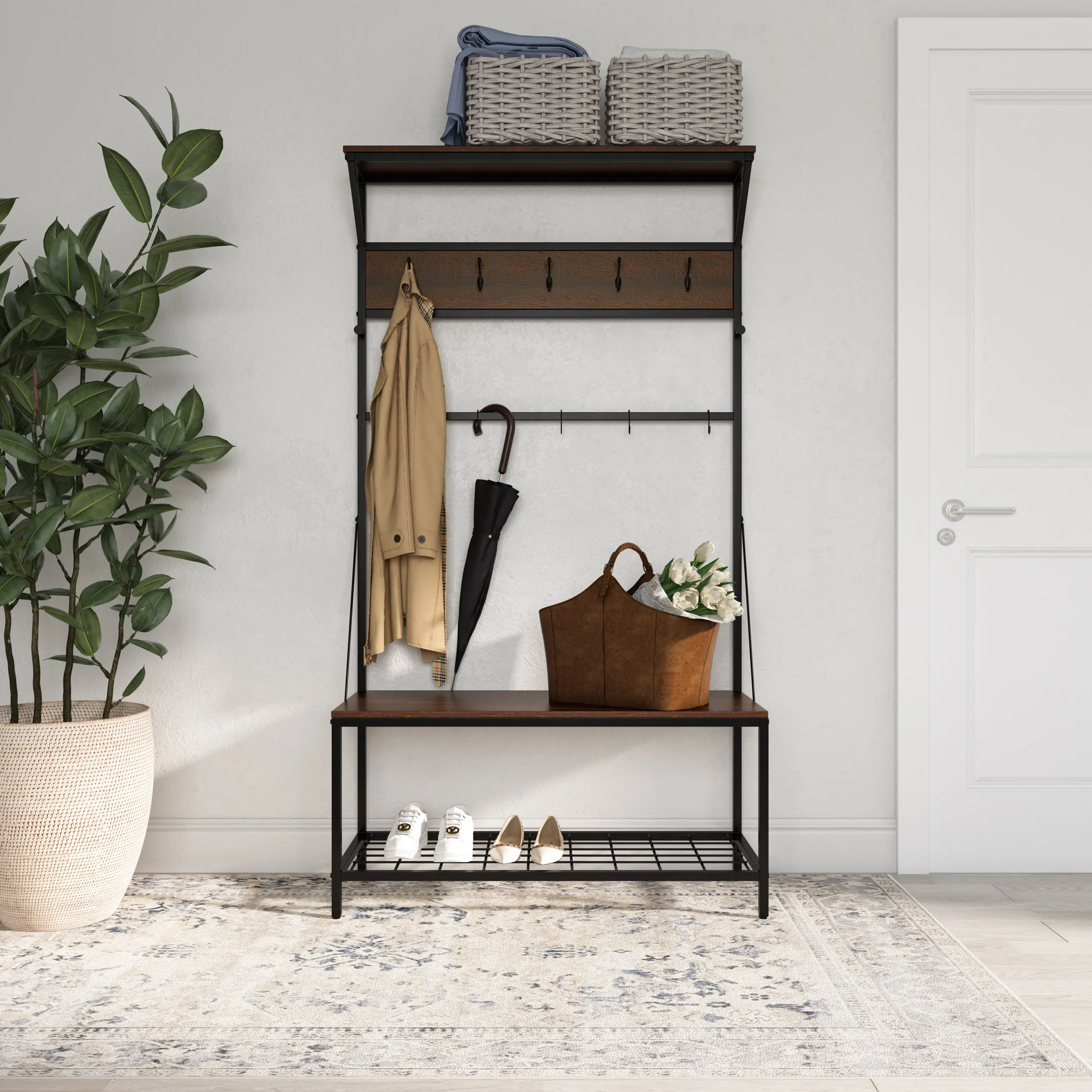 Rowan Walnut and Metal Tree Bench and Shoe Rack-2