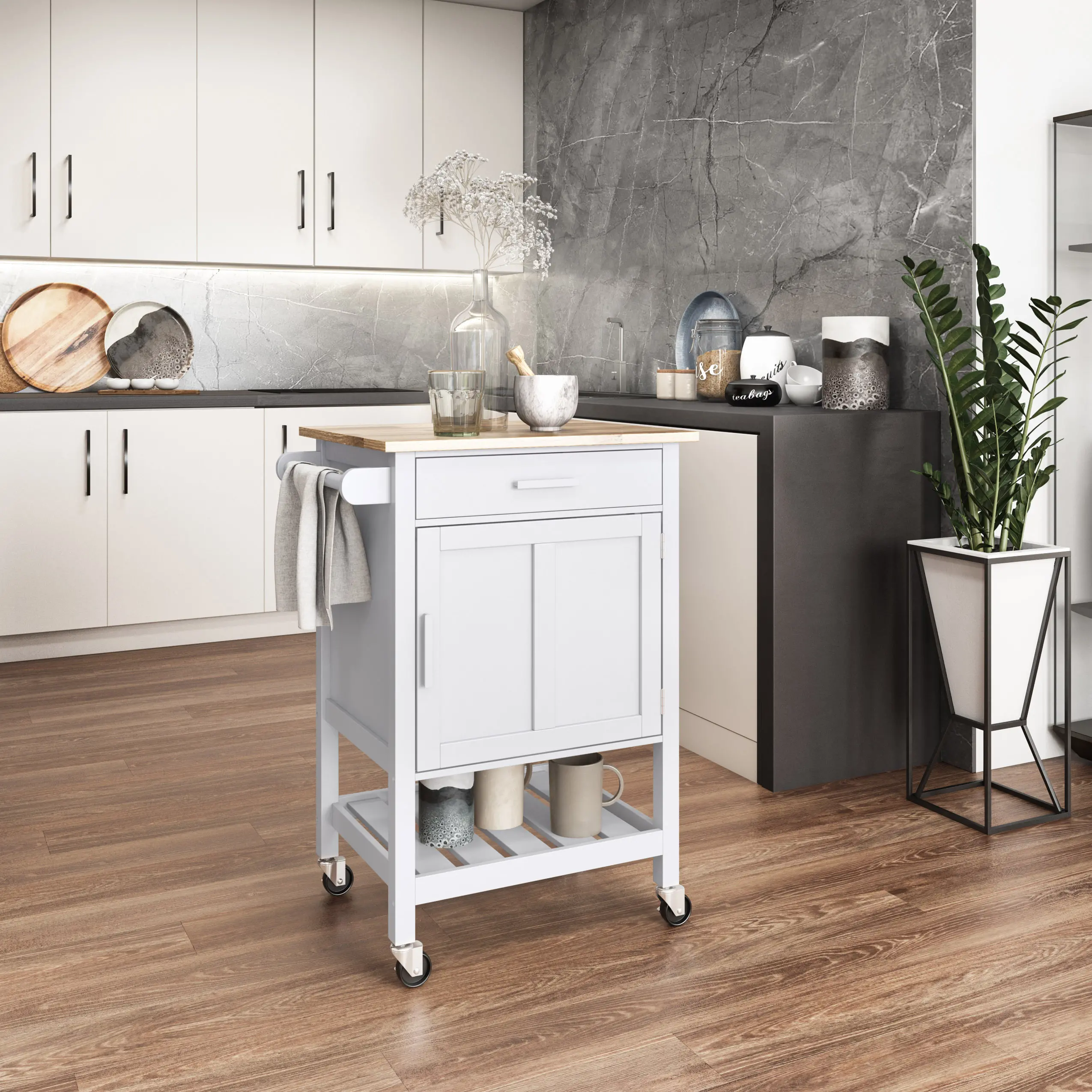 Sage White Wood Kitchen Cart-2