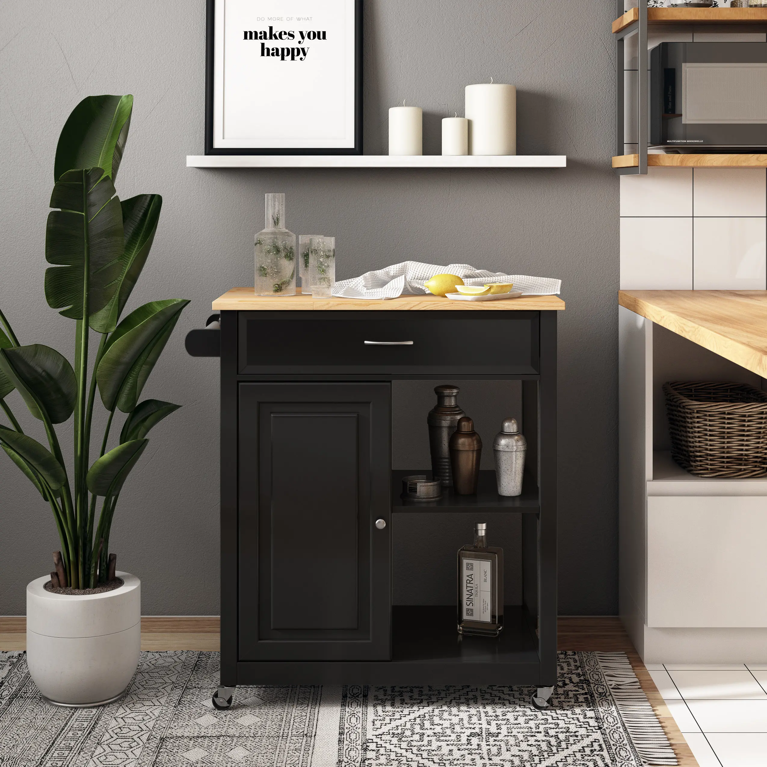 Sage Black Wood Kitchen Cart With Cupboard-2