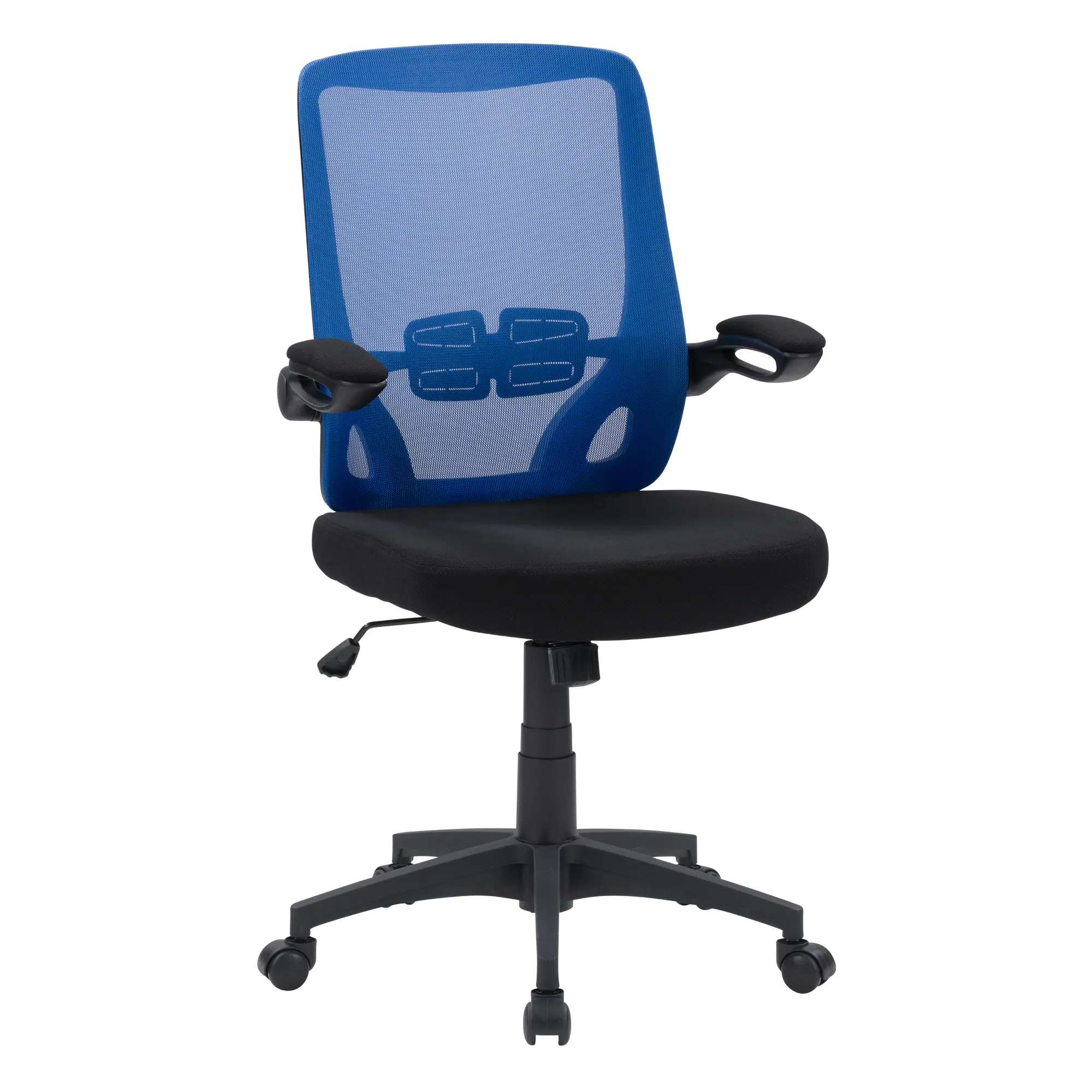Close-up blue mesh-back of an ergonomic office chair with black seat and adjustable armrests.