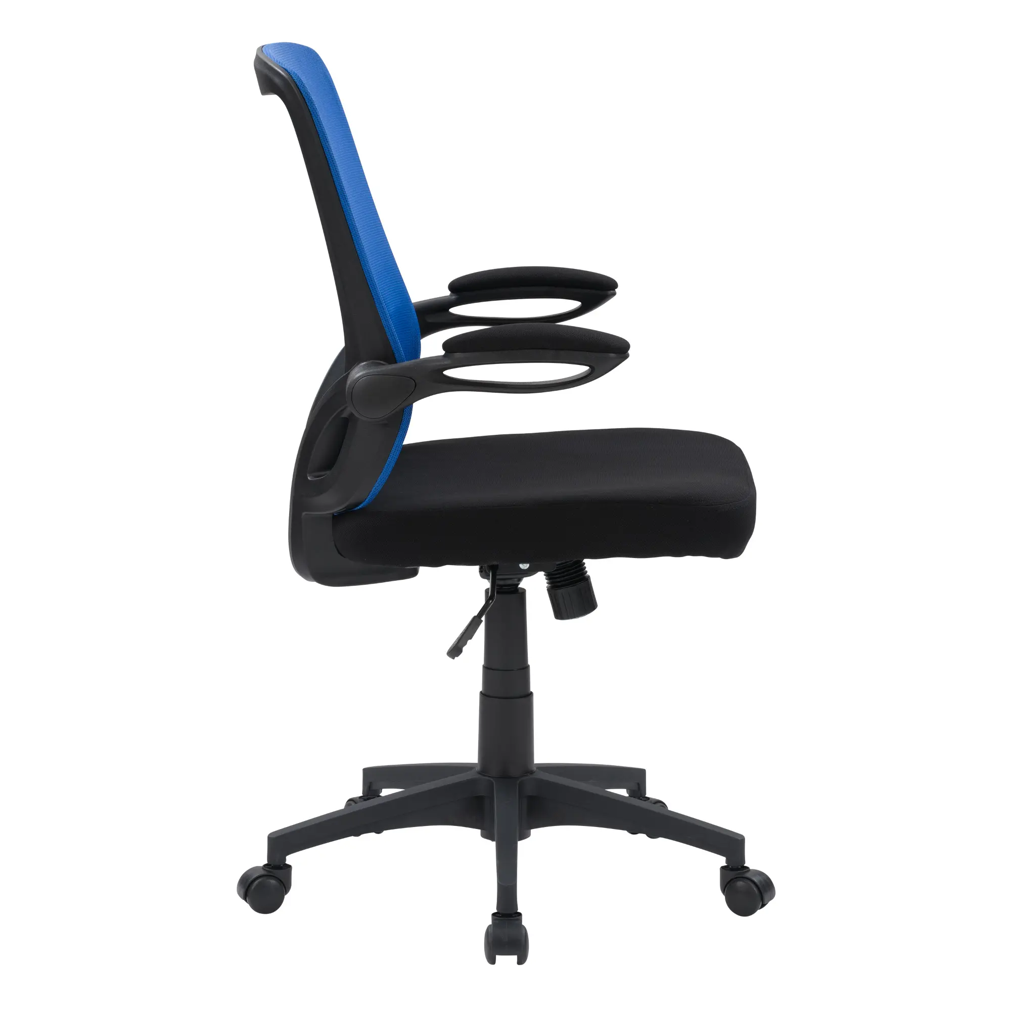 Side view of blue mesh office chair showing armrest and height adjustment lever.