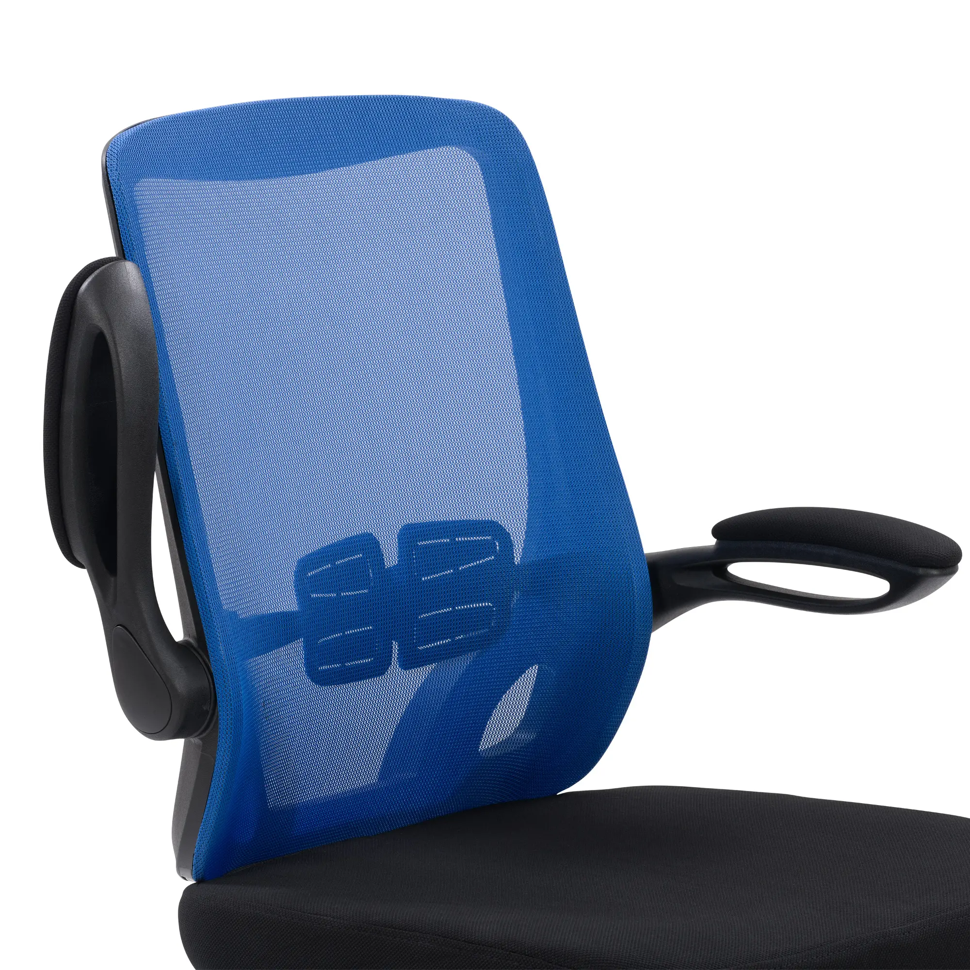 Close-up of blue mesh back and black seat of the office chair, showing breathable material.