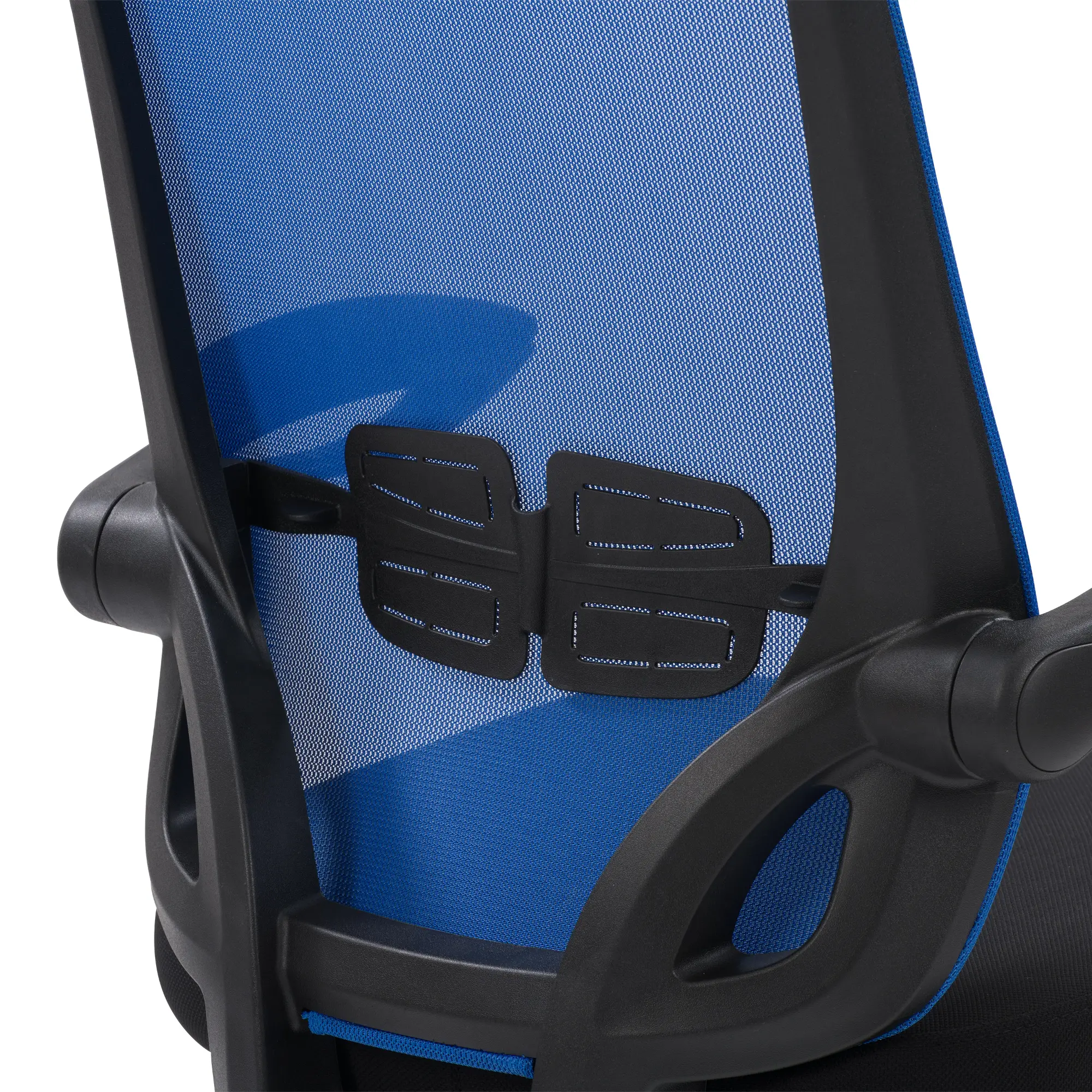 Close-up of the chair back support with lumbar support panels and stitching on blue mesh.