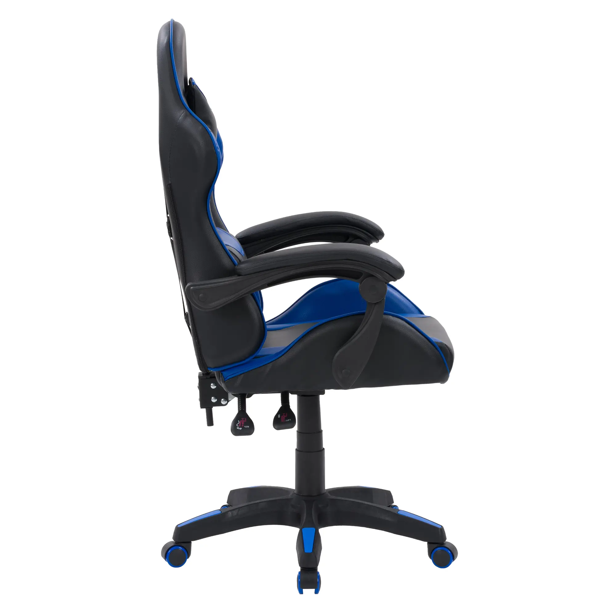 Side view of blue/black ergonomic office chair showing curved back and armrests