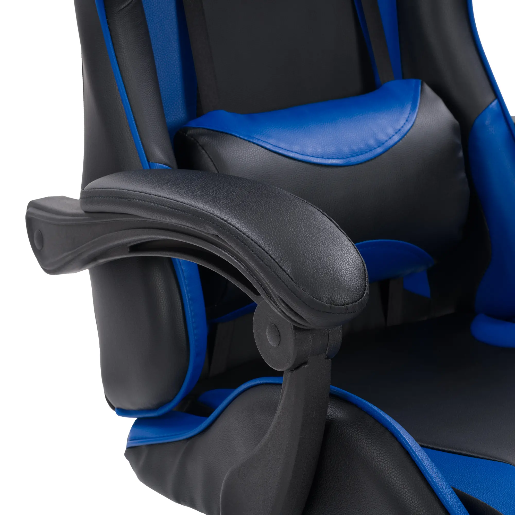 Close-up of chair armrest and side padding in black/blue