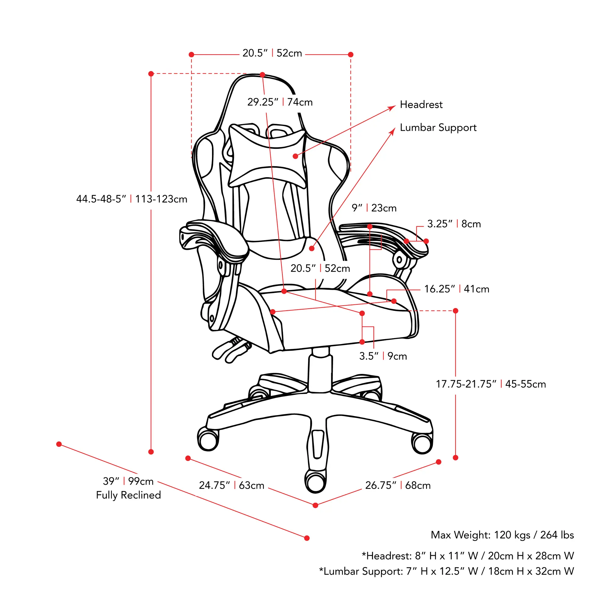 Dimensions and feature diagram of a gaming chair with measurements