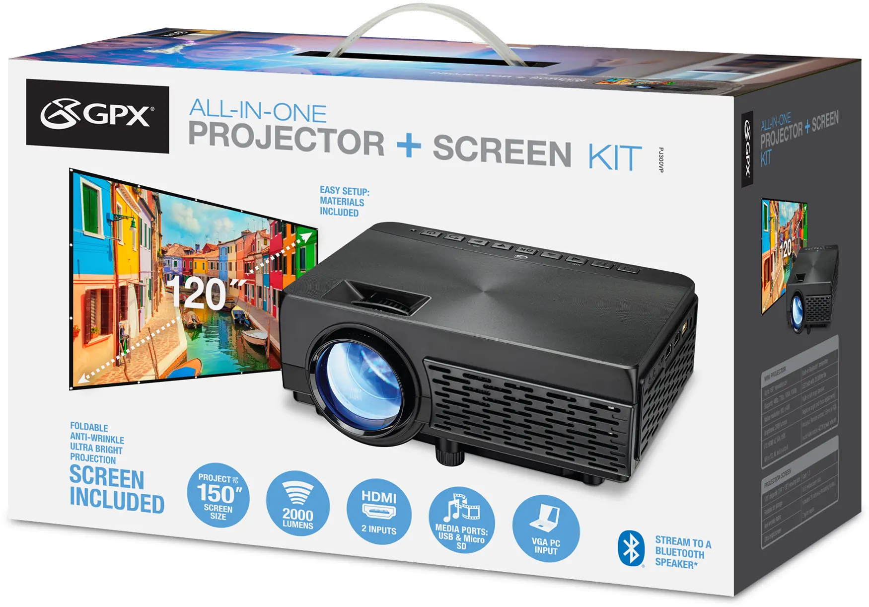 PJ300VP GPX Bluetooth Projector and 120  Projection Screen-2