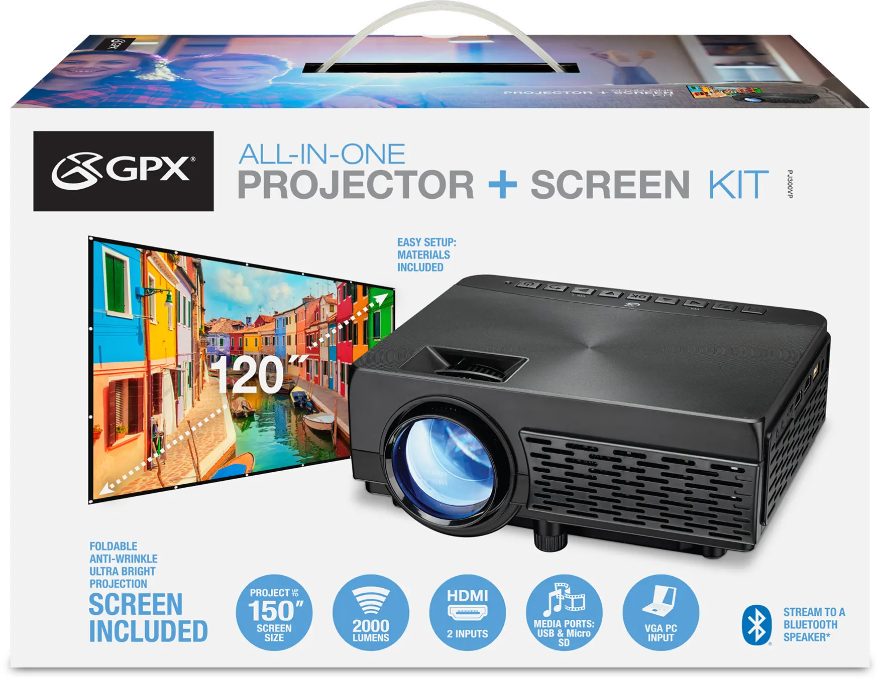 PJ300VP GPX Bluetooth Projector and 120  Projection Screen-3