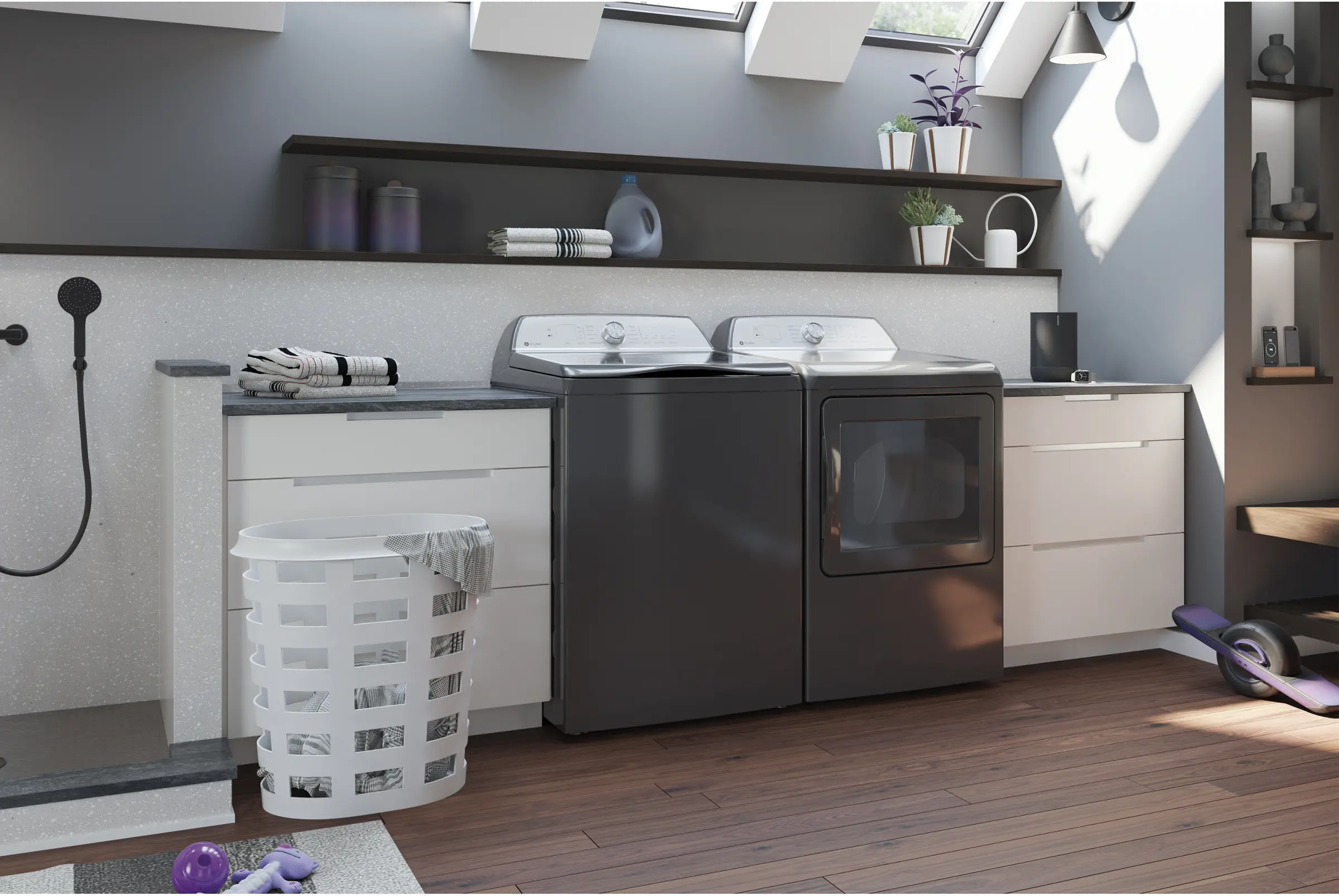 .GEC-D/G-605-ELE--PR GE Profile Top Load Washer and Electric Dryer Set - Diamond Gray, PT605-1