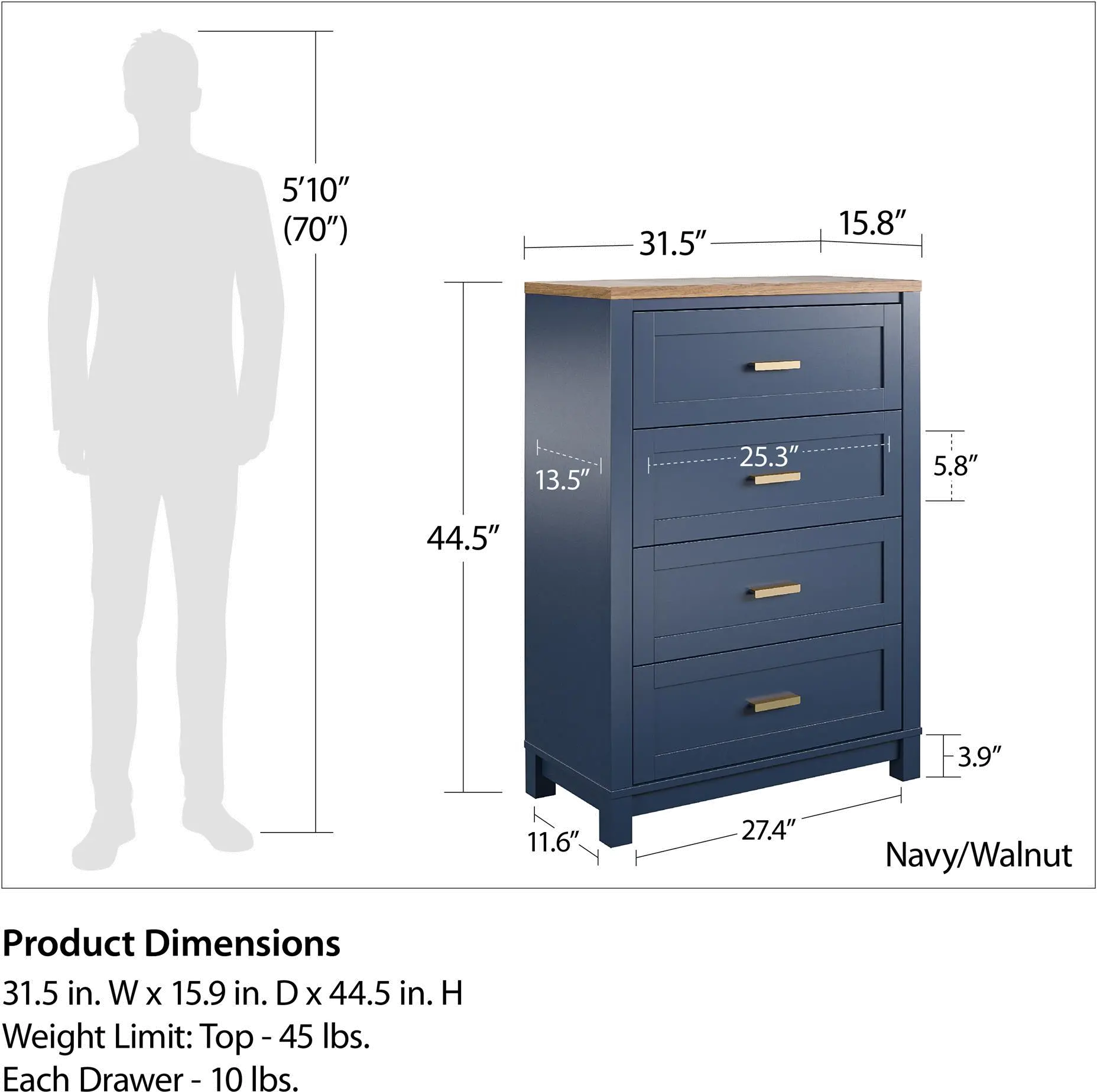 Armada Navy 4 Drawer Dresser with Walnut top-8