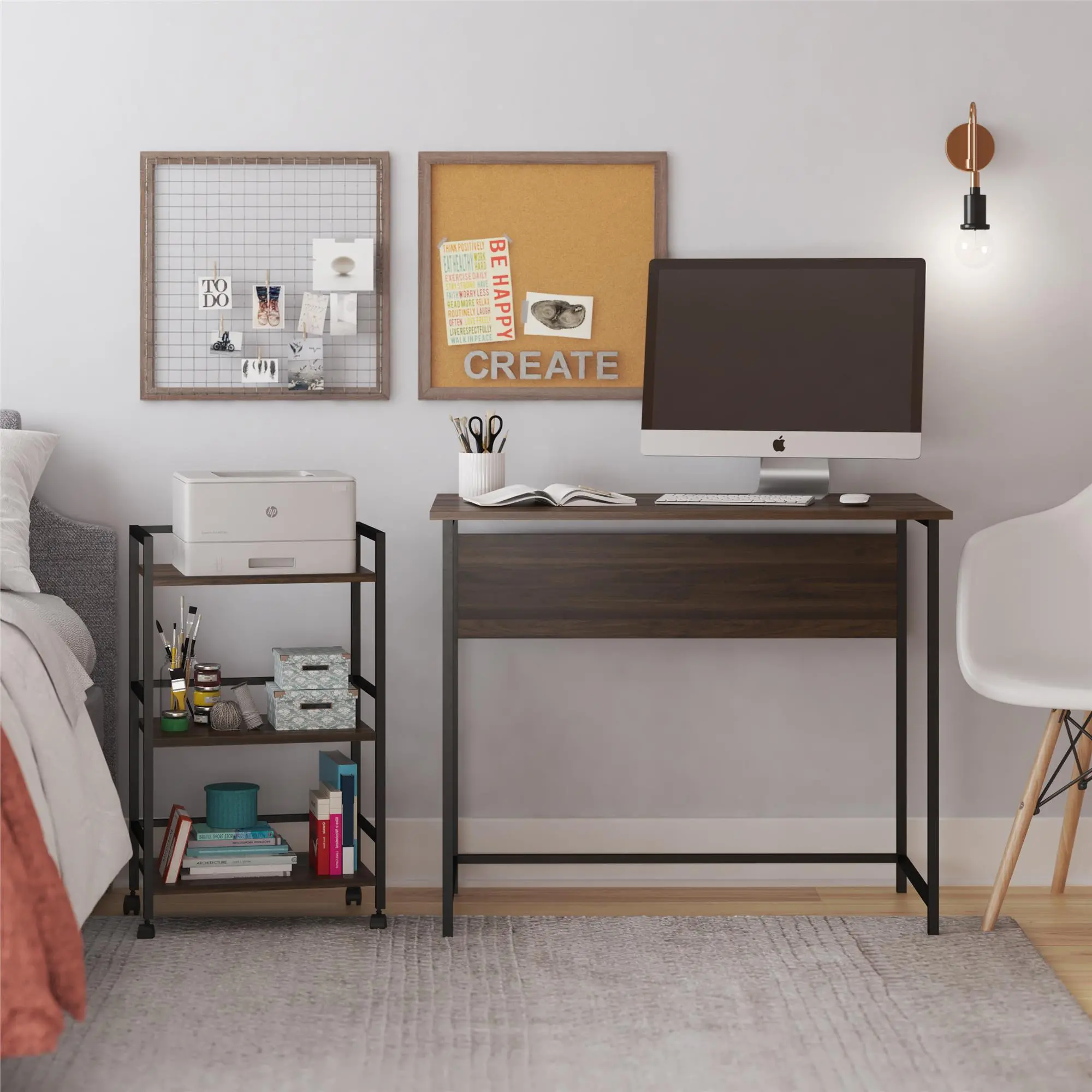 Baylor Walnut and Black Desk with Rolling Cart-2