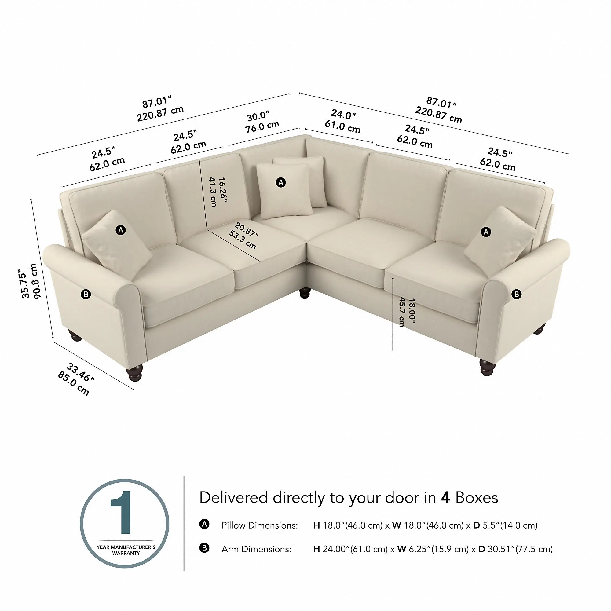 HDY86BCRH-03K Hudson Cream L Shaped Sectional - Bush Furniture-5