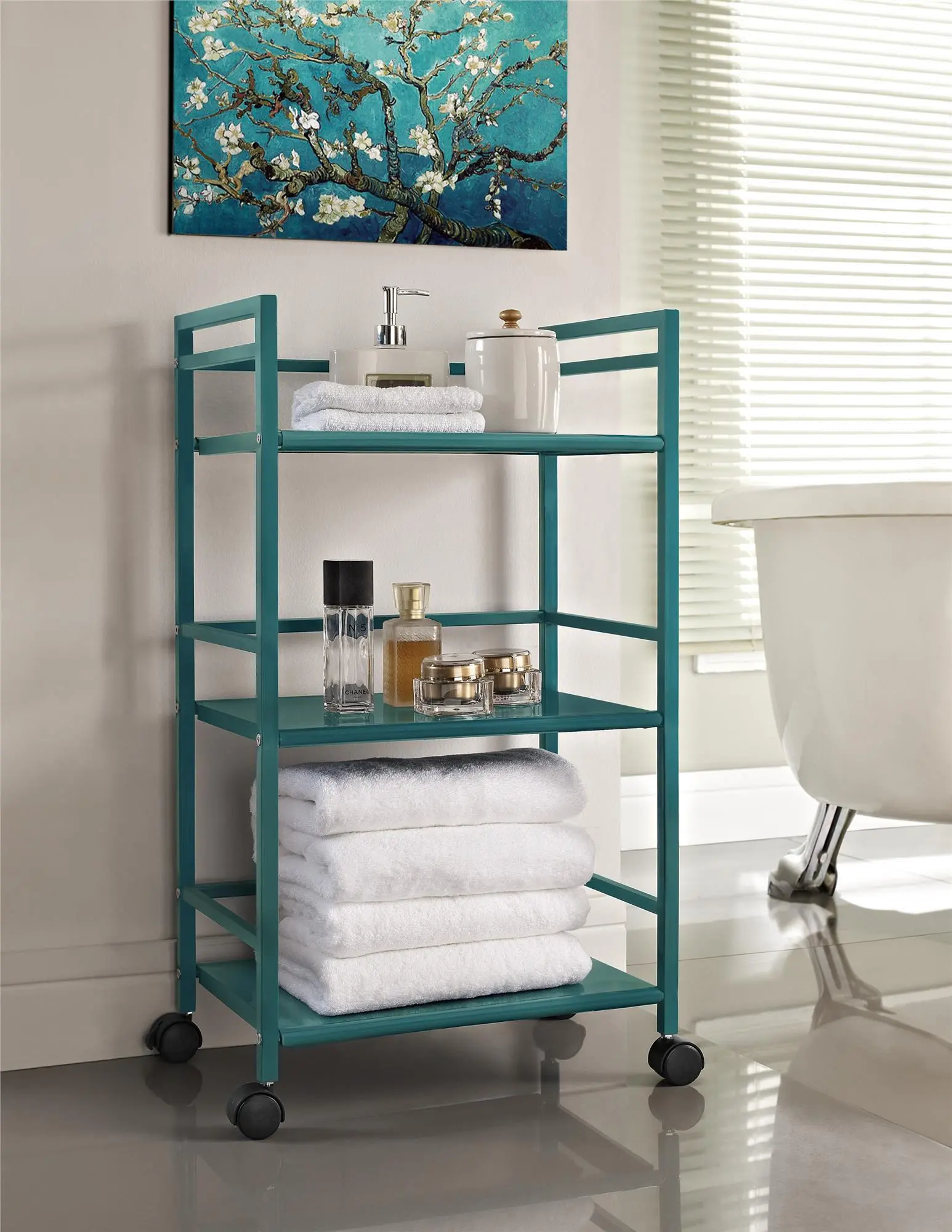 Marshall Teal 3 Shelf Metal Rolling Utility Cart-2