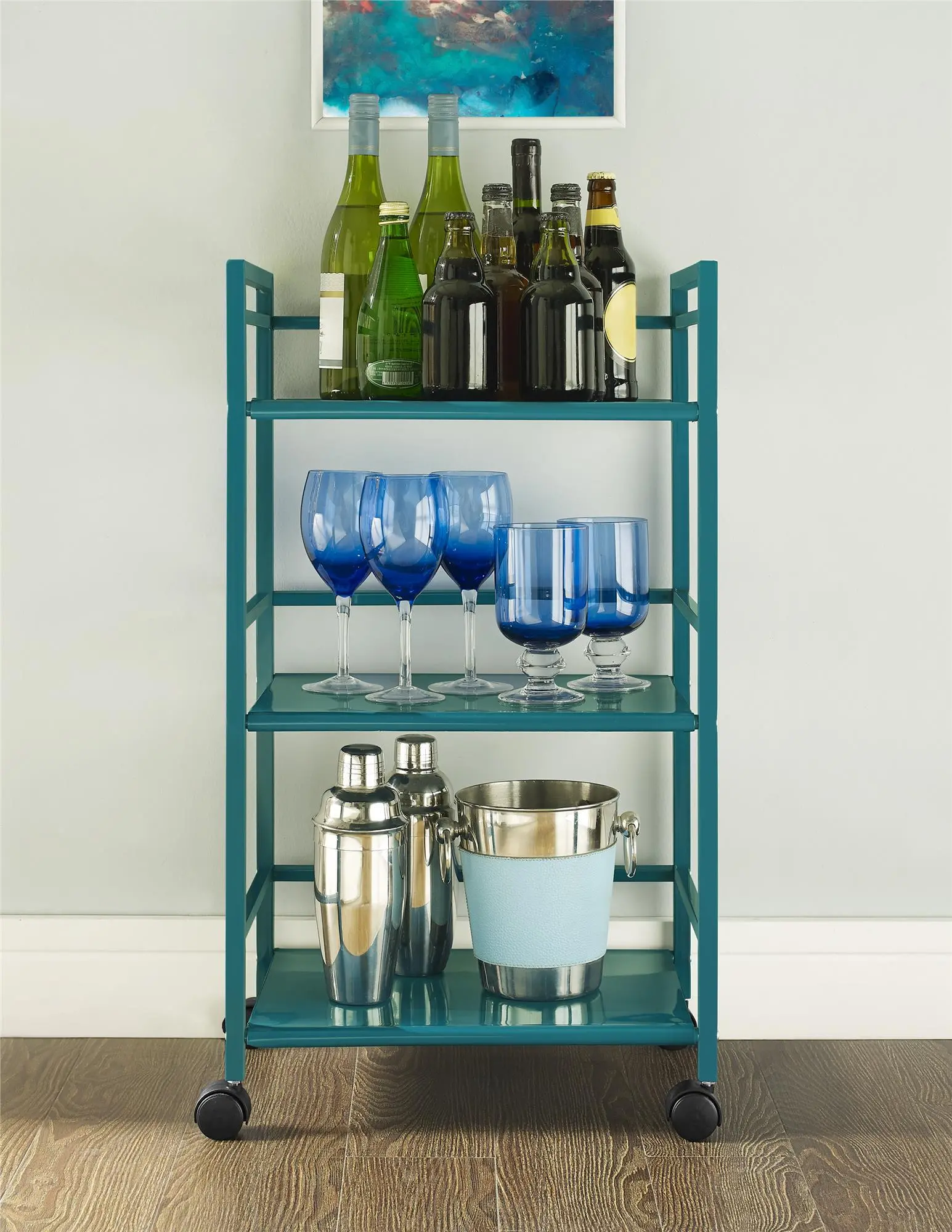 Marshall Teal 3 Shelf Metal Rolling Utility Cart-3