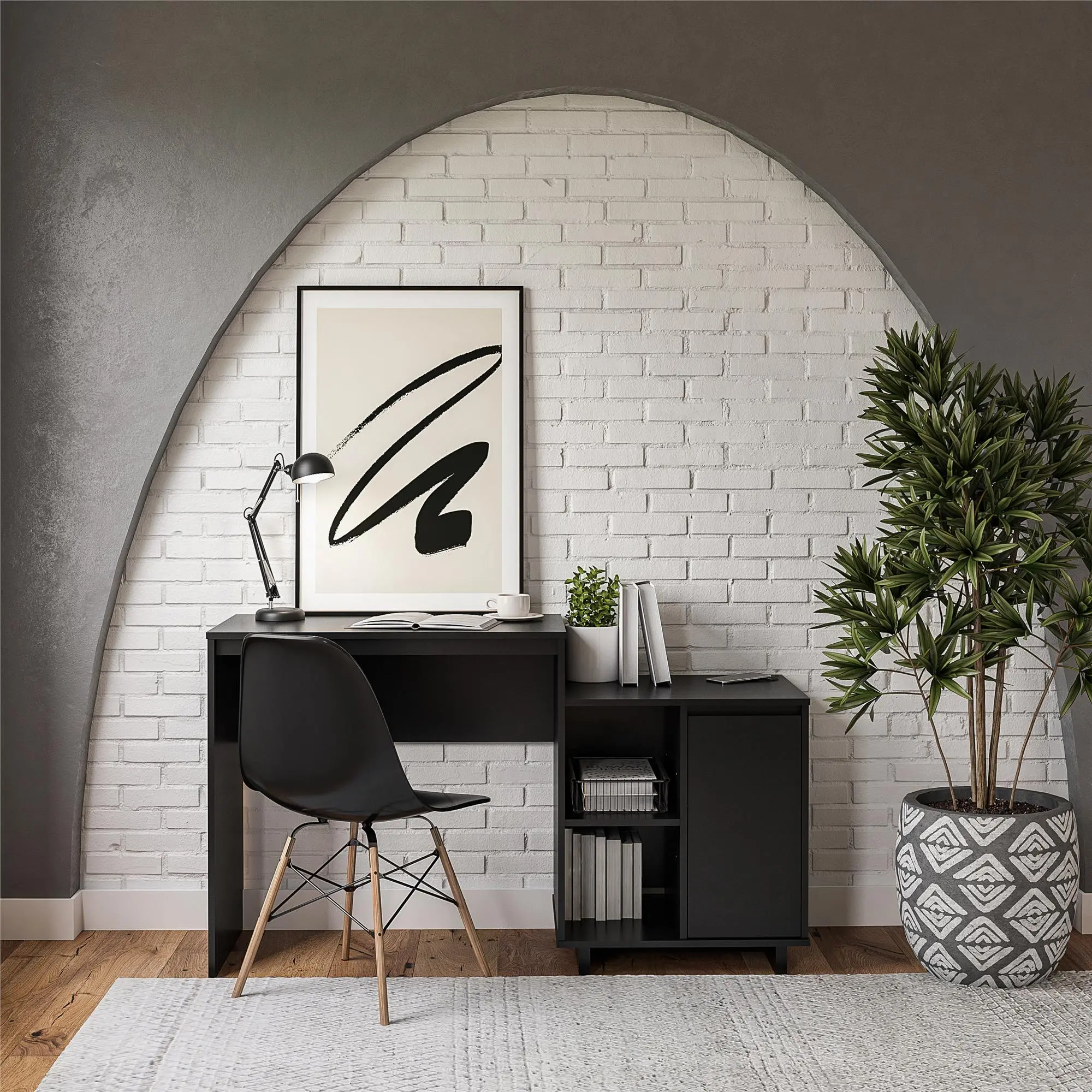 Ravelston Black Computer Desk with Cabinet and Wireless Charging Port-2