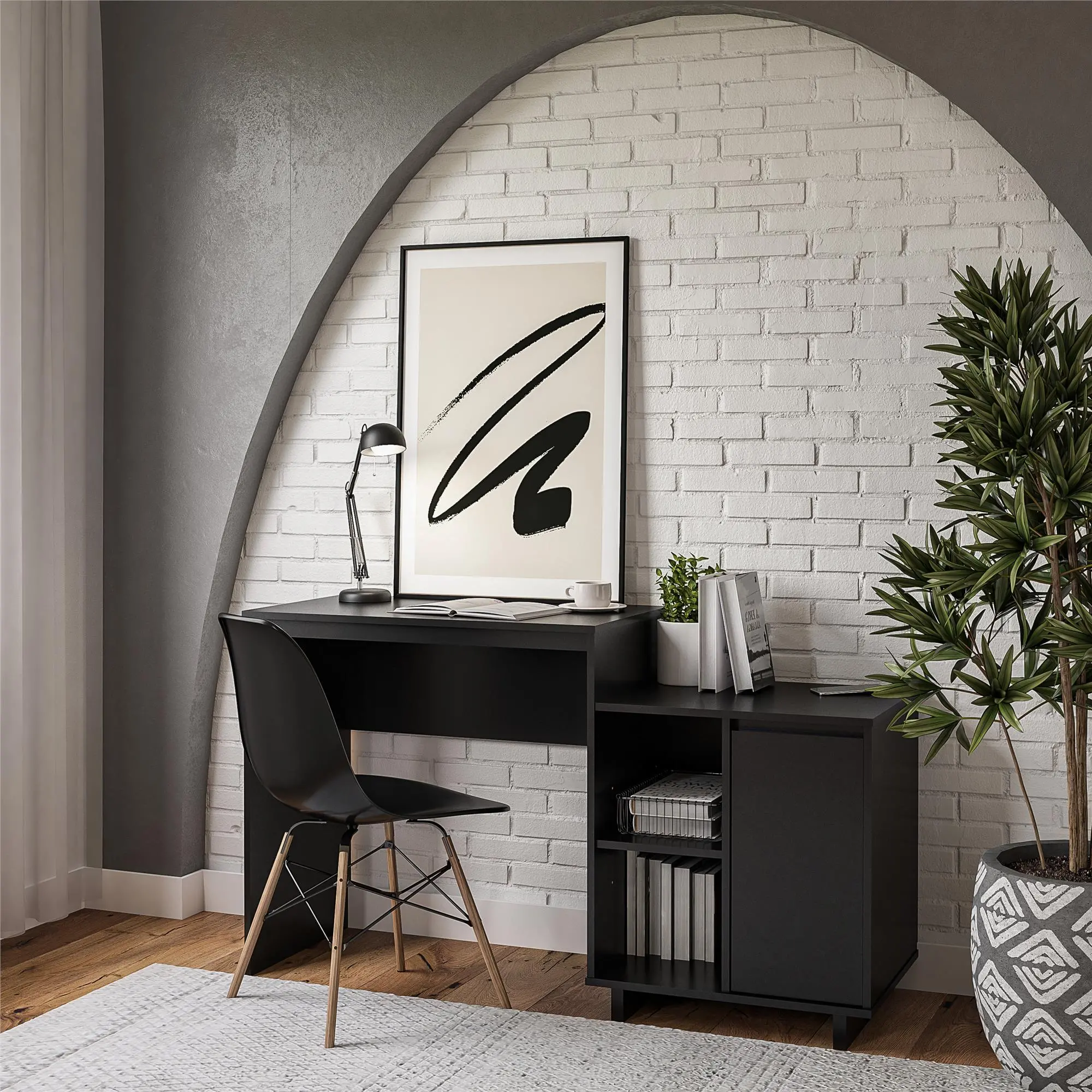 Ravelston Black Computer Desk with Cabinet and Wireless Charging Port-3