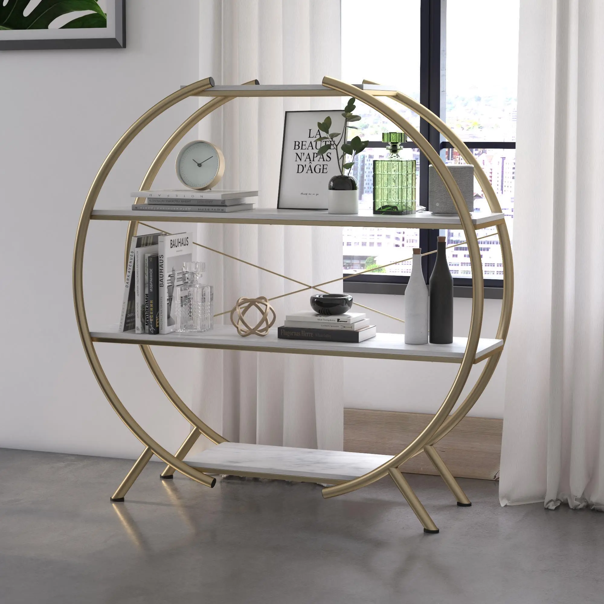 Amelia White Marble Round Bookcase-2