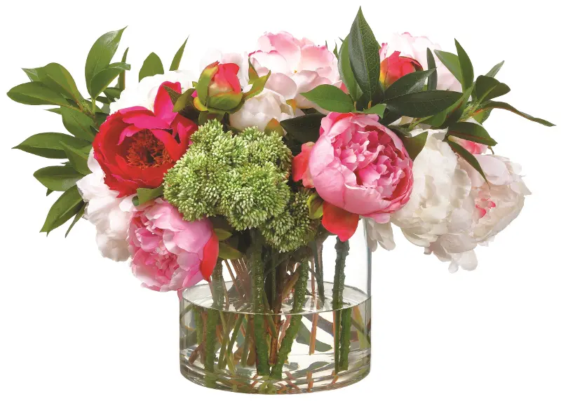 Mixed Pink and White Peonies with Glass Vase