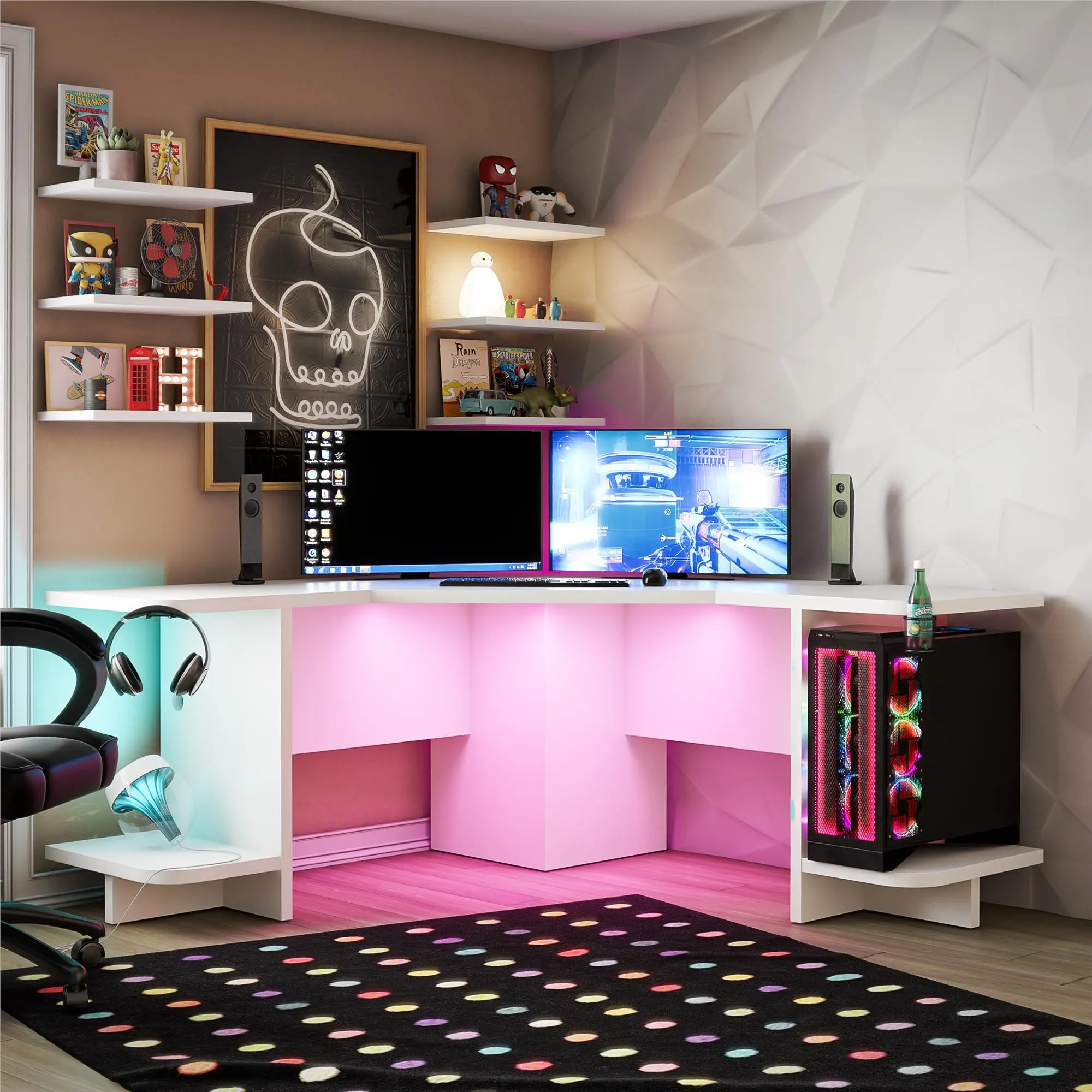 Ntense Mod White Corner Gaming Desk with LED Light Kit-1