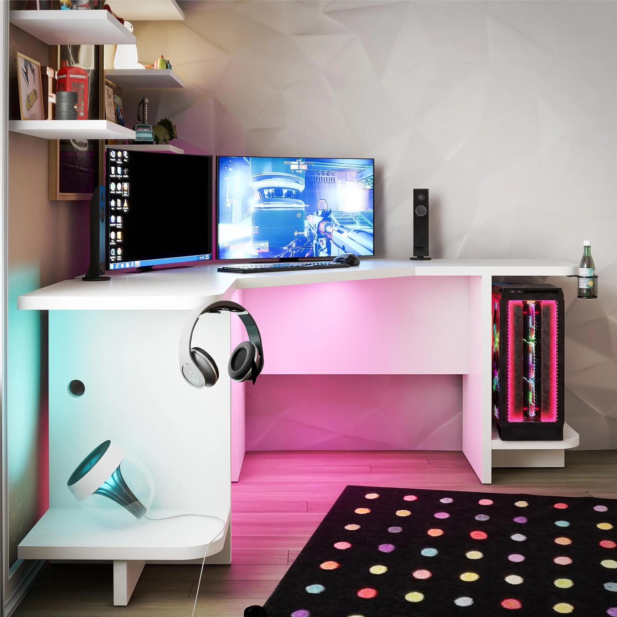 Ntense Mod White Corner Gaming Desk with LED Light Kit-2