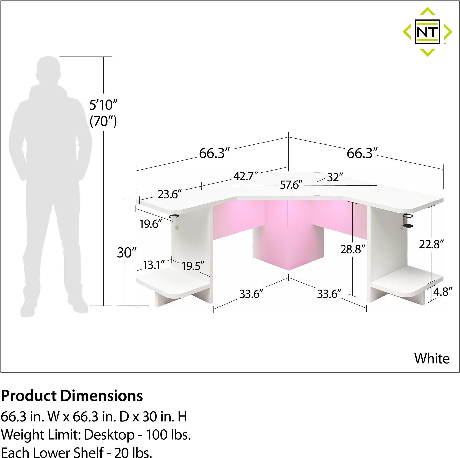 Ntense Mod White Corner Gaming Desk with LED Light Kit-7